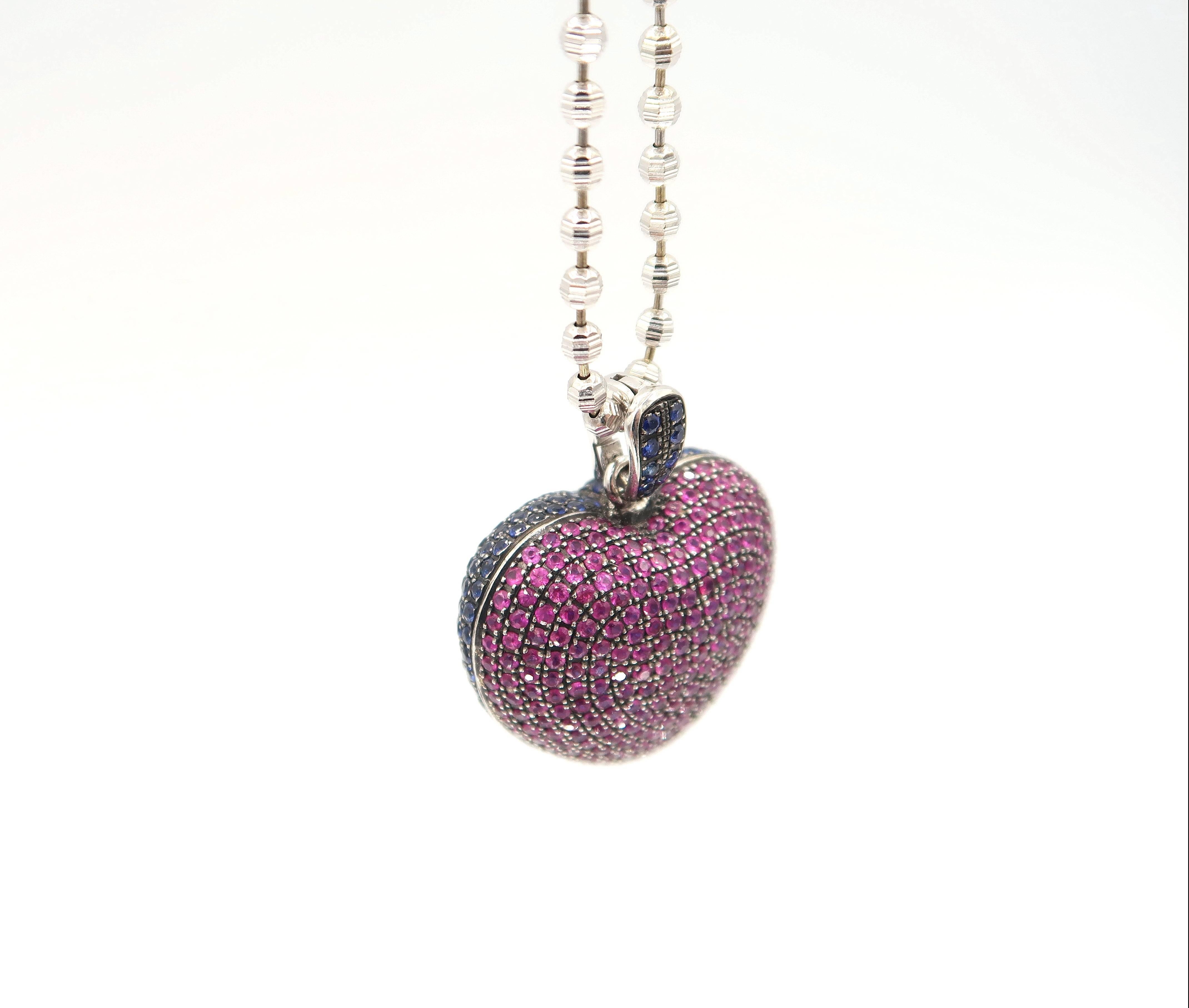 Round Cut Inflated Heart Pavé Ruby Blue Sapphire Double Sided Pendant Gold Beaded Chain