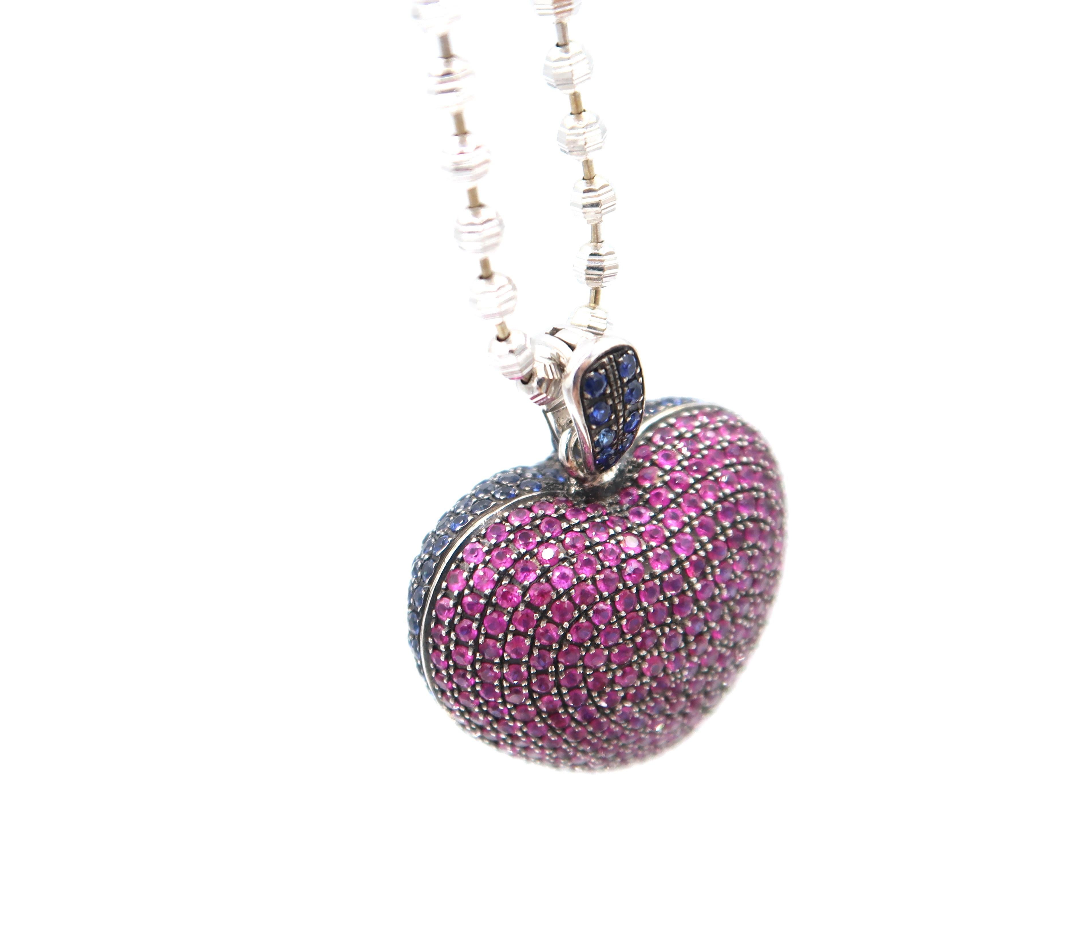 Inflated Heart Pavé Ruby Blue Sapphire Double Sided Pendant Gold Beaded Chain In New Condition In Bangkok, TH