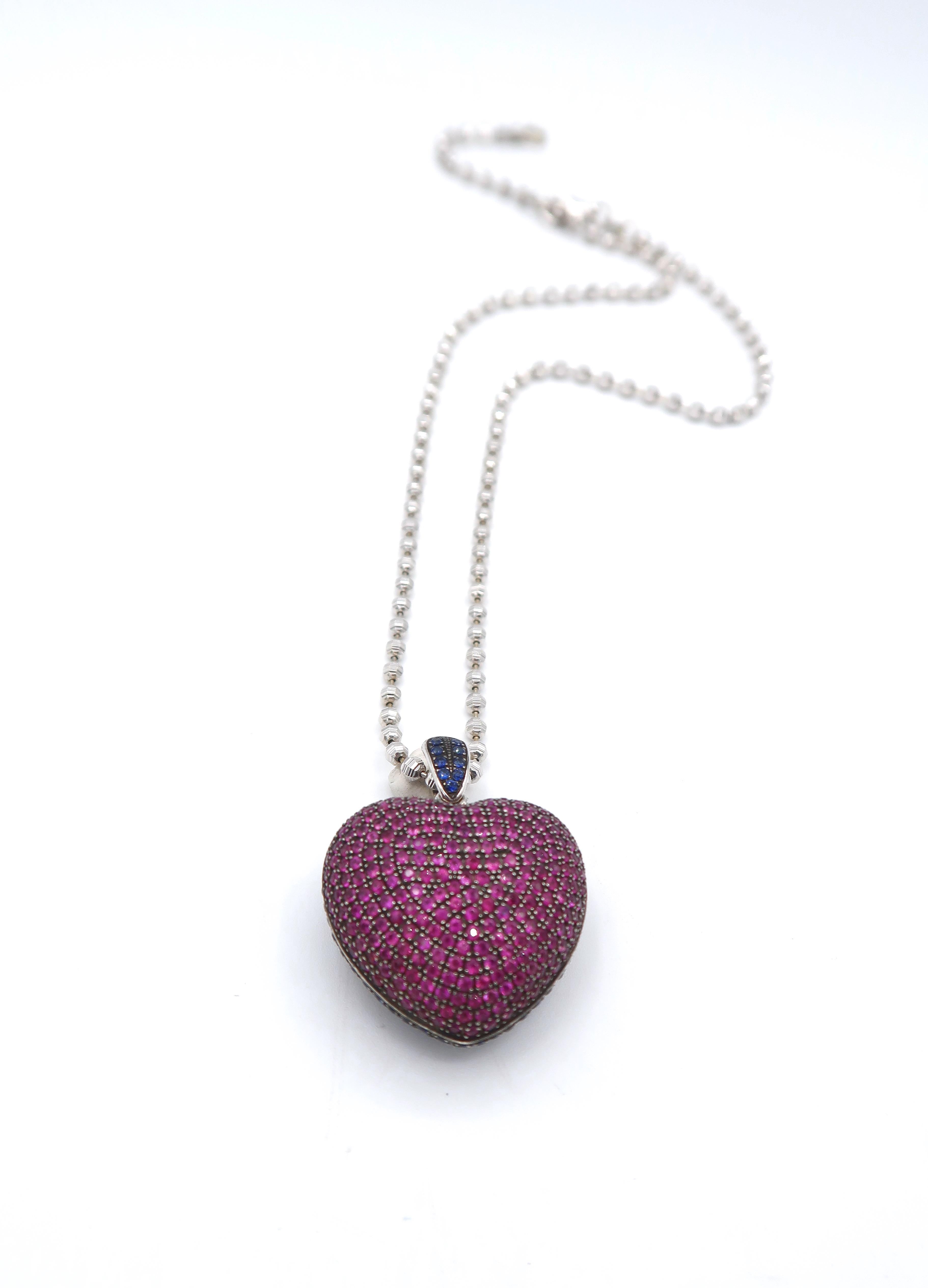 Women's or Men's Inflated Heart Pavé Ruby Blue Sapphire Double Sided Pendant Gold Beaded Chain