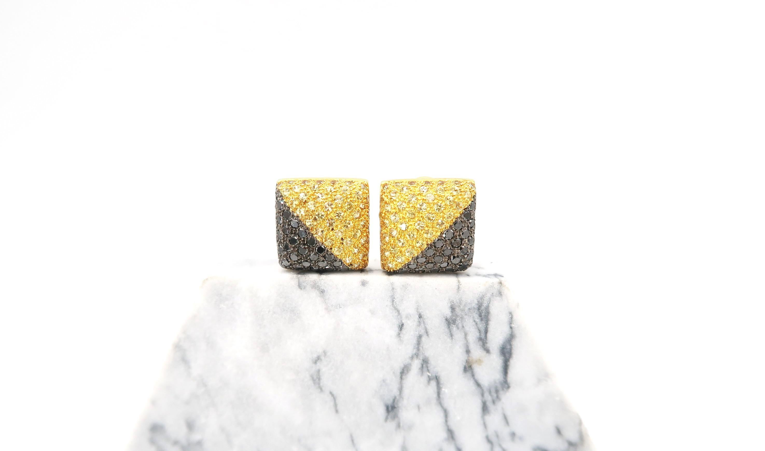 Contemporary Inflated Square Yellow Sapphire and Black Diamond Pavé 18 Karat Gold Earrings For Sale