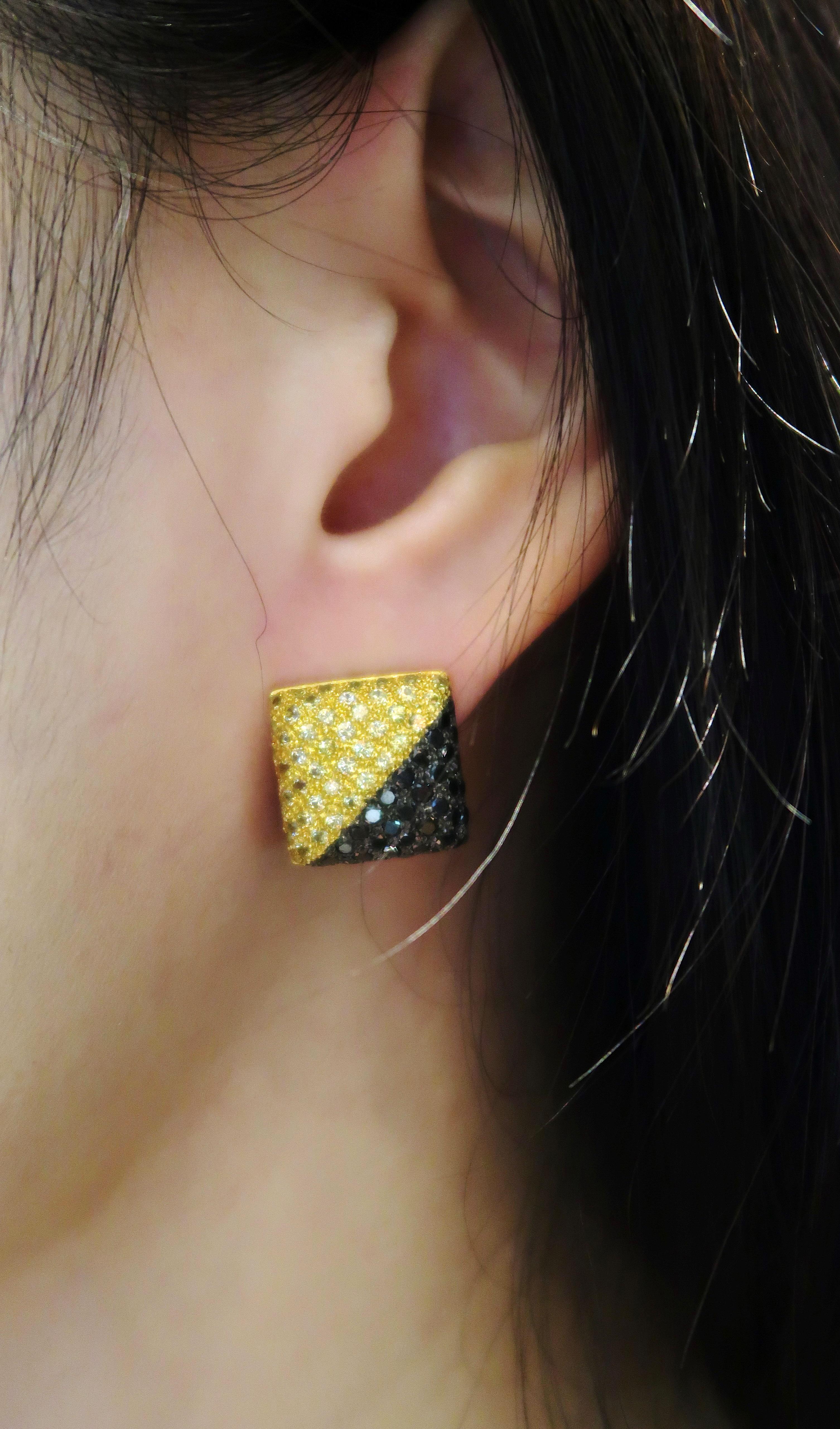 Round Cut Inflated Square Yellow Sapphire and Black Diamond Pavé 18 Karat Gold Earrings For Sale