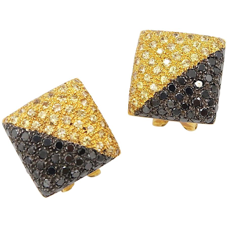 Inflated Square Yellow Sapphire and Black Diamond Pavé 18 Karat Gold Earrings For Sale