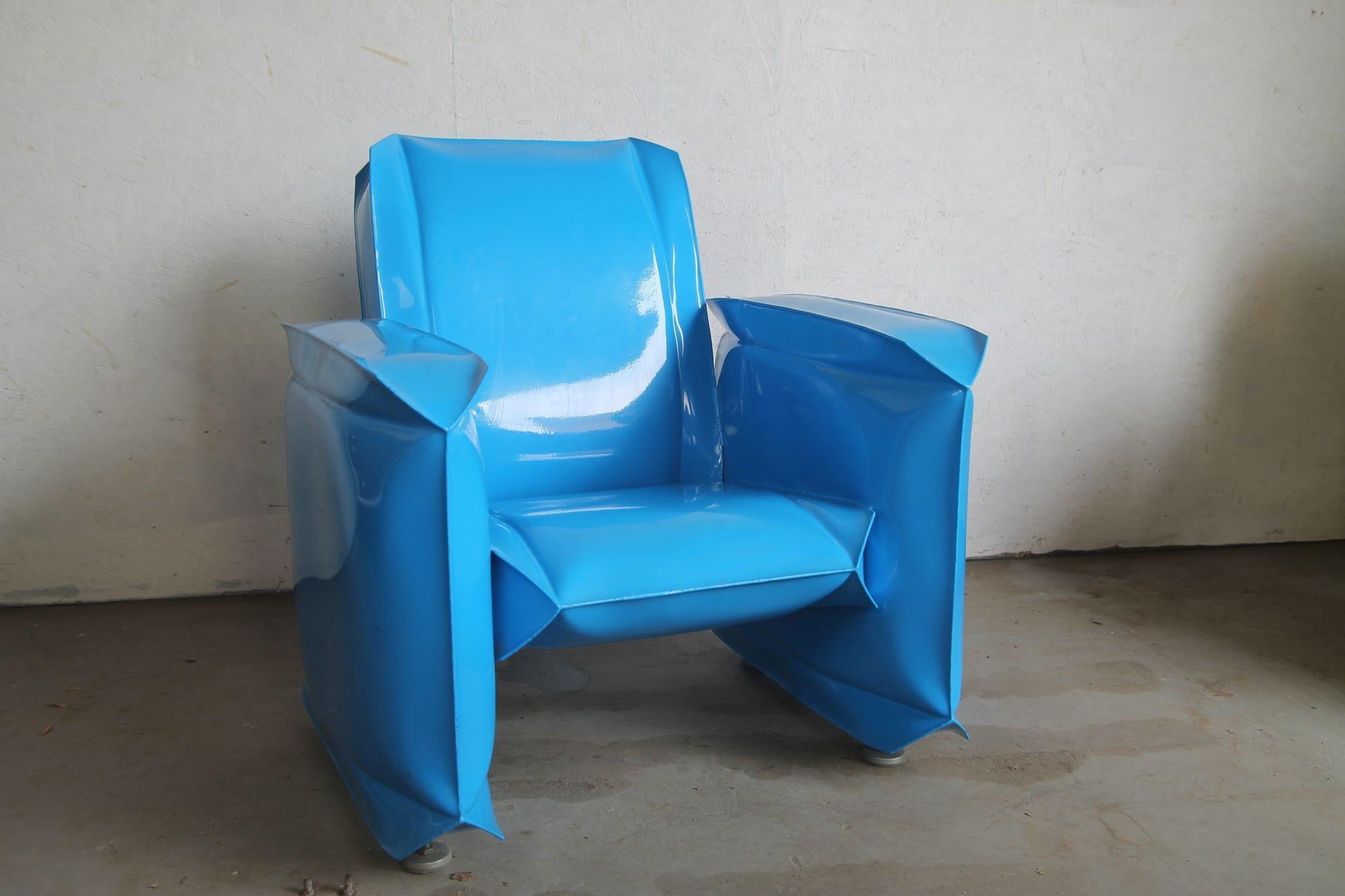 Im pleased to offer this great set of inflated metal furniture by Robert Anderson. This set was purchased from Robert in 2000. This wild set consisting of a 2 seater and two lounge chairs works outdoors as well as indoors. Robert is aclaimed for his