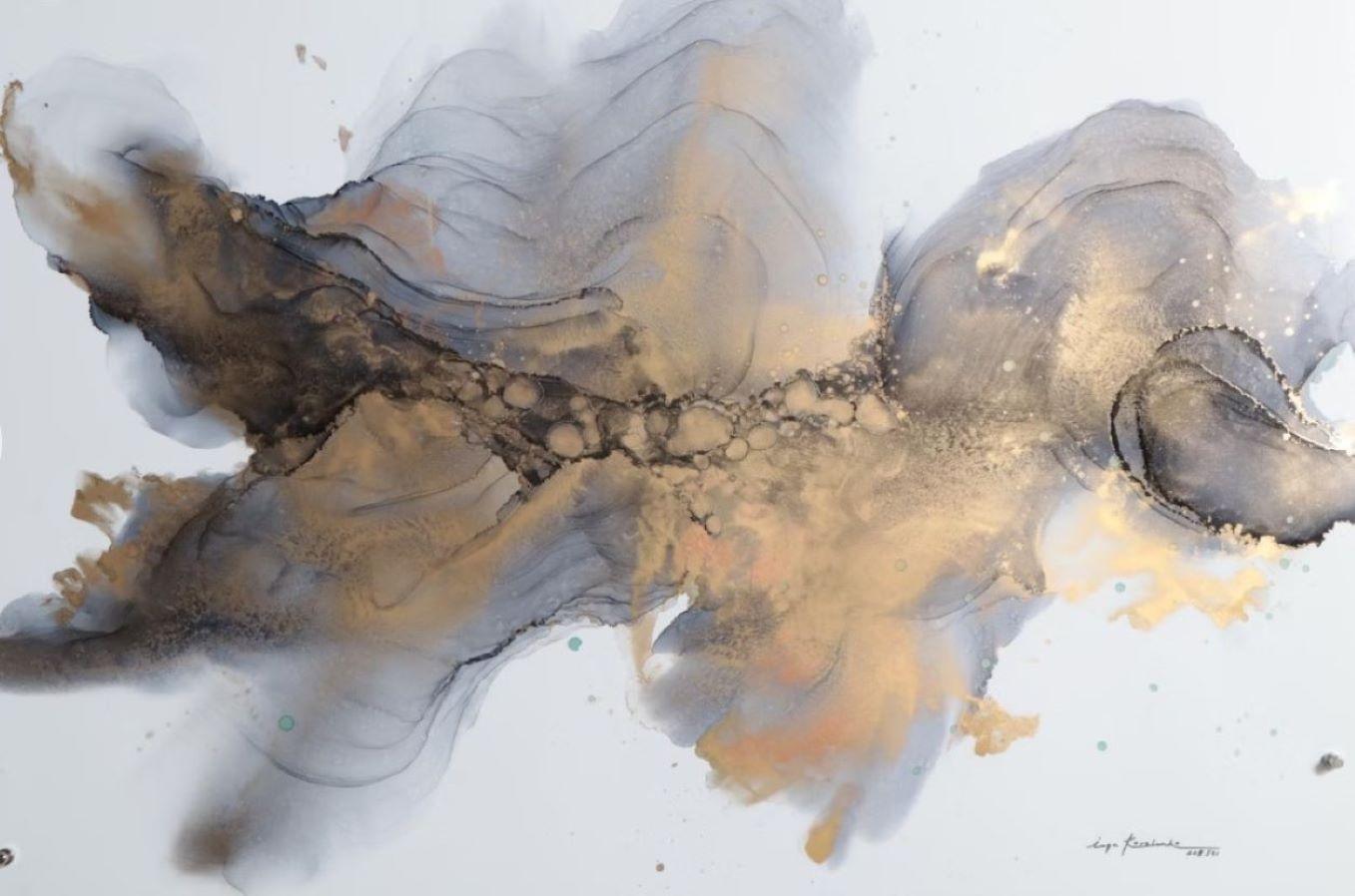 inga kovalenko Abstract Painting – Abstraktes Tusche- und Goldstaubgemälde auf Papier –kranischer Künstler