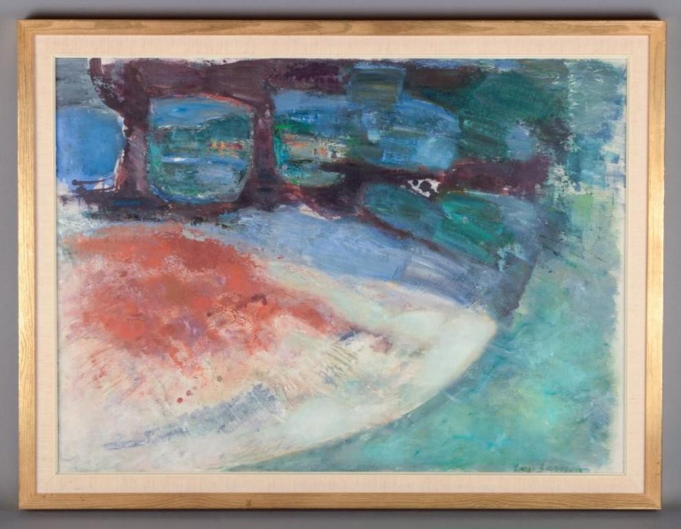 Inga Larsson (1927-2005), listed Swedish artist.
Oil on canvas. 
Modernist park scene with arcade bridge.
From the 1960s.
Signed.
Perfect condition.
Canvas dimensions: W 84.0 cm x H 62.0 cm.
Overall dimensions: W 94.0 cm x H 72.0 cm.