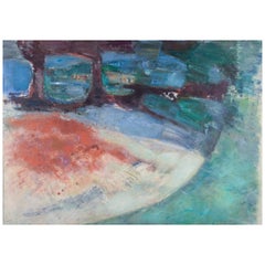 Inga Larsson, listed Swedish artist. Oil on canvas. Modernist park scene