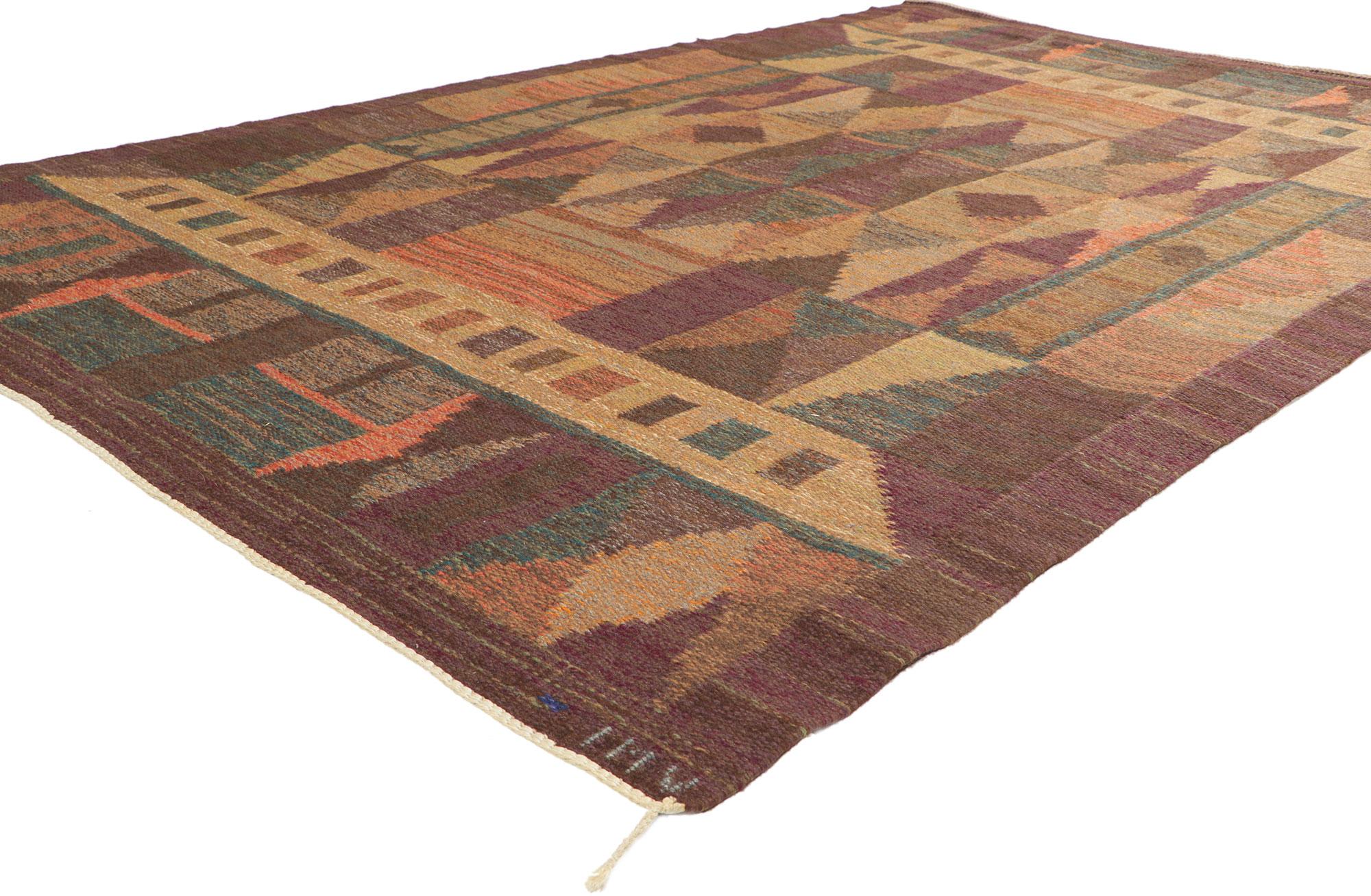 78494 Inga-Mi Vannerus Rydgren Vintage Swedish Kilim Rollakan Rug, 05'02 x 08'00. Emanating Scandinavian Modern style with incredible detail and texture, this handwoven wool Swedish rollakan rug is a captivating vision of woven beauty. The