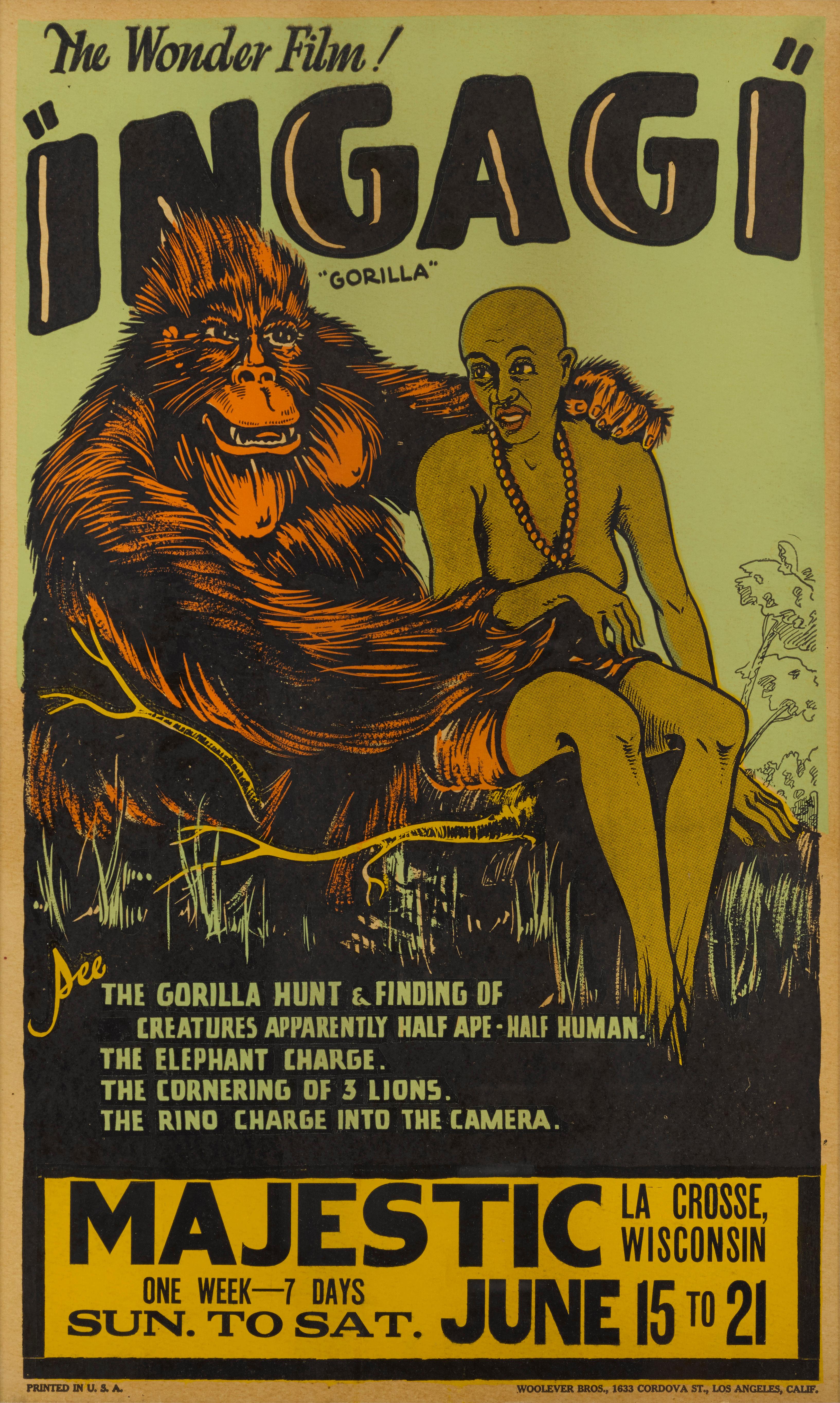 Original US film poster for the 1930 Exploitation film.
Very few posters exist on this film from 1930.
Ingagi is an exploitation film, although when released, it claimed to be a documentary about Sir Hubert Winstead's expedition to the Belgian