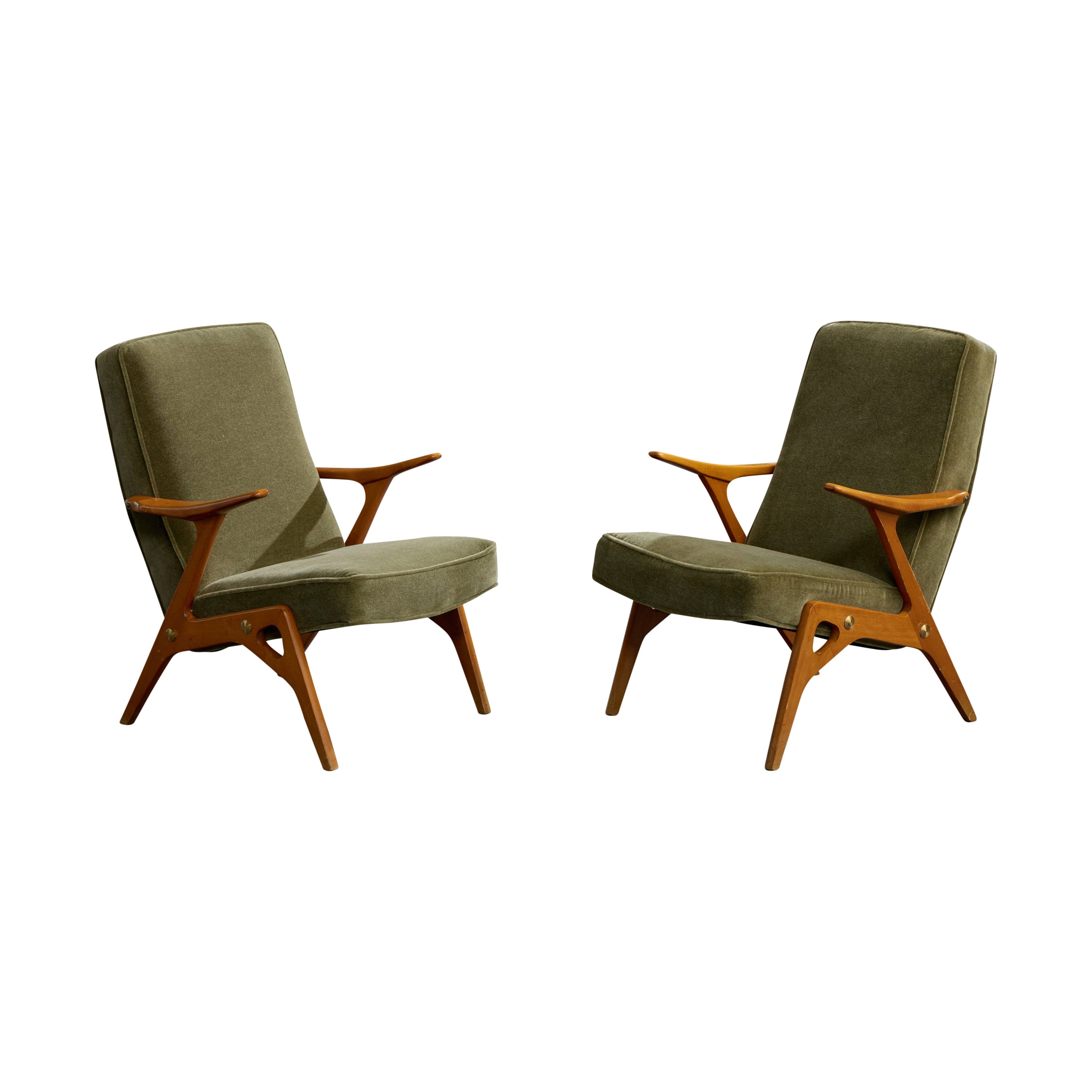 Inge Andersson, Lounge Chairs, Wood, Brass, Mohair, Sweden, 1960s