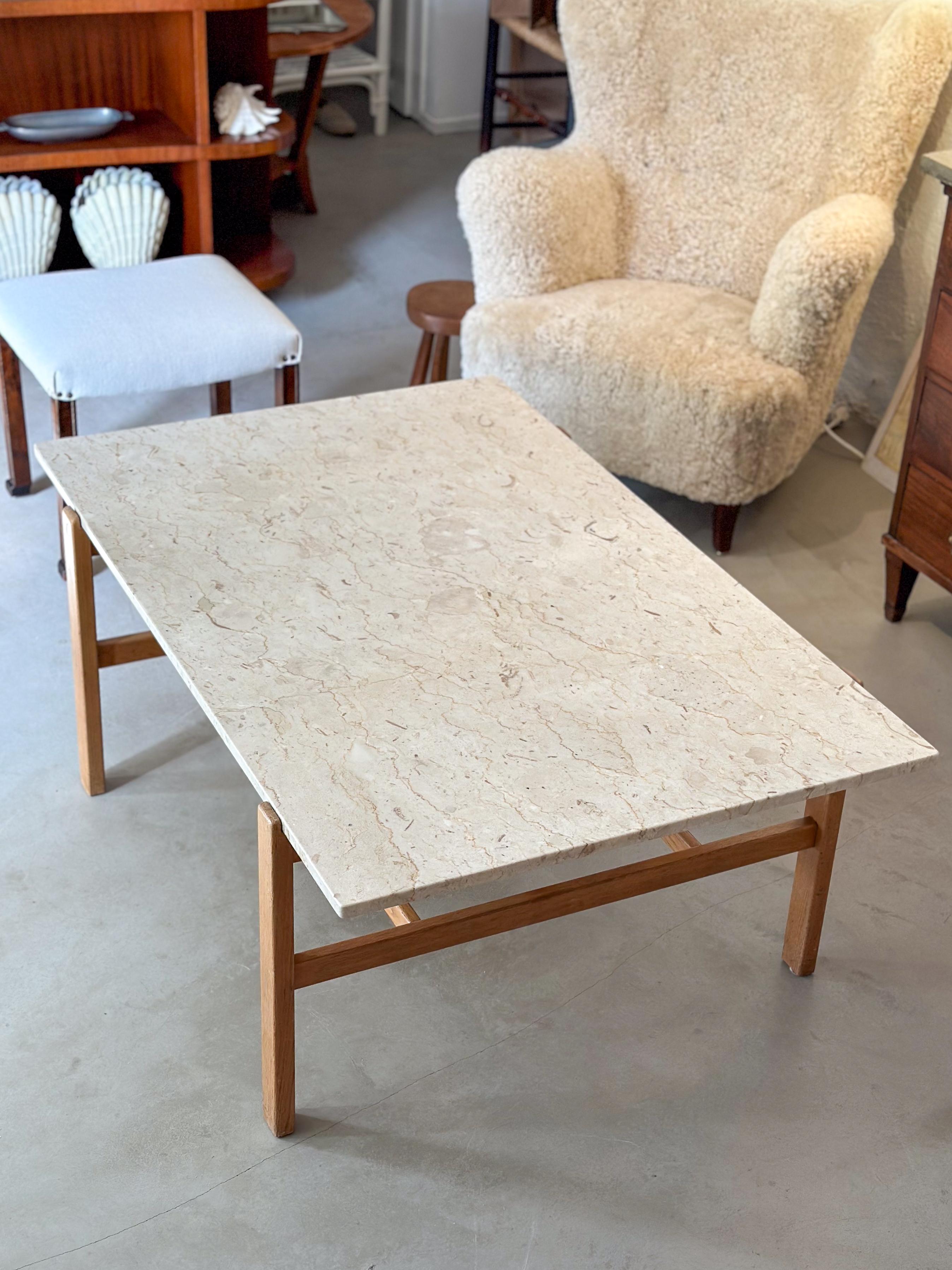 Mid-20th Century Inge Davidson Oak and Marble Coffee Table, Cabinetmaker Ernst Johansson, Sweden