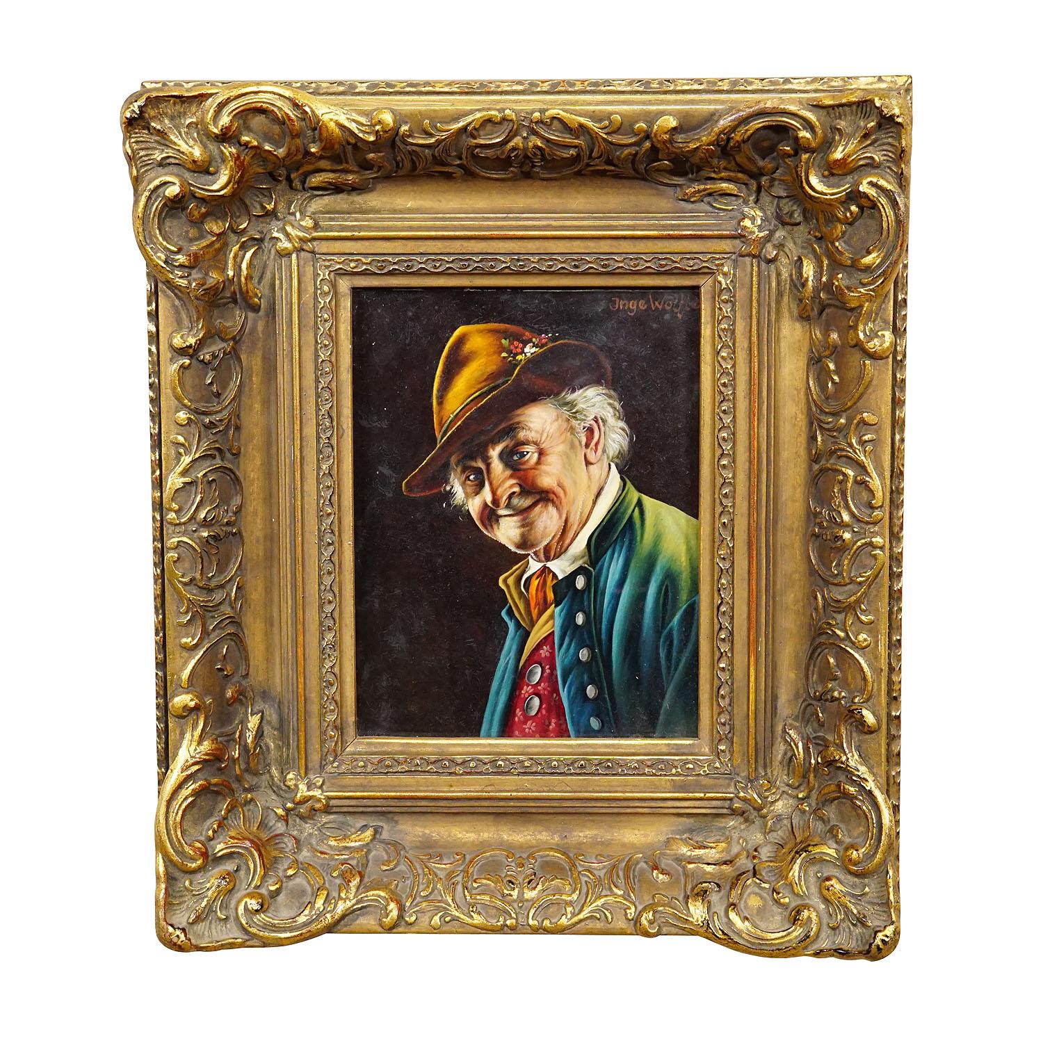 Inge Woelfle - Portrait of a Bavarian Folksy Man, Oil on Wood

An colorful oil painting depicting a folksy Bavarian man in his sunday robe. Painted on wood with pastel colors around 1950s. Framed with wooden carved and gilded frame in Baroque style.