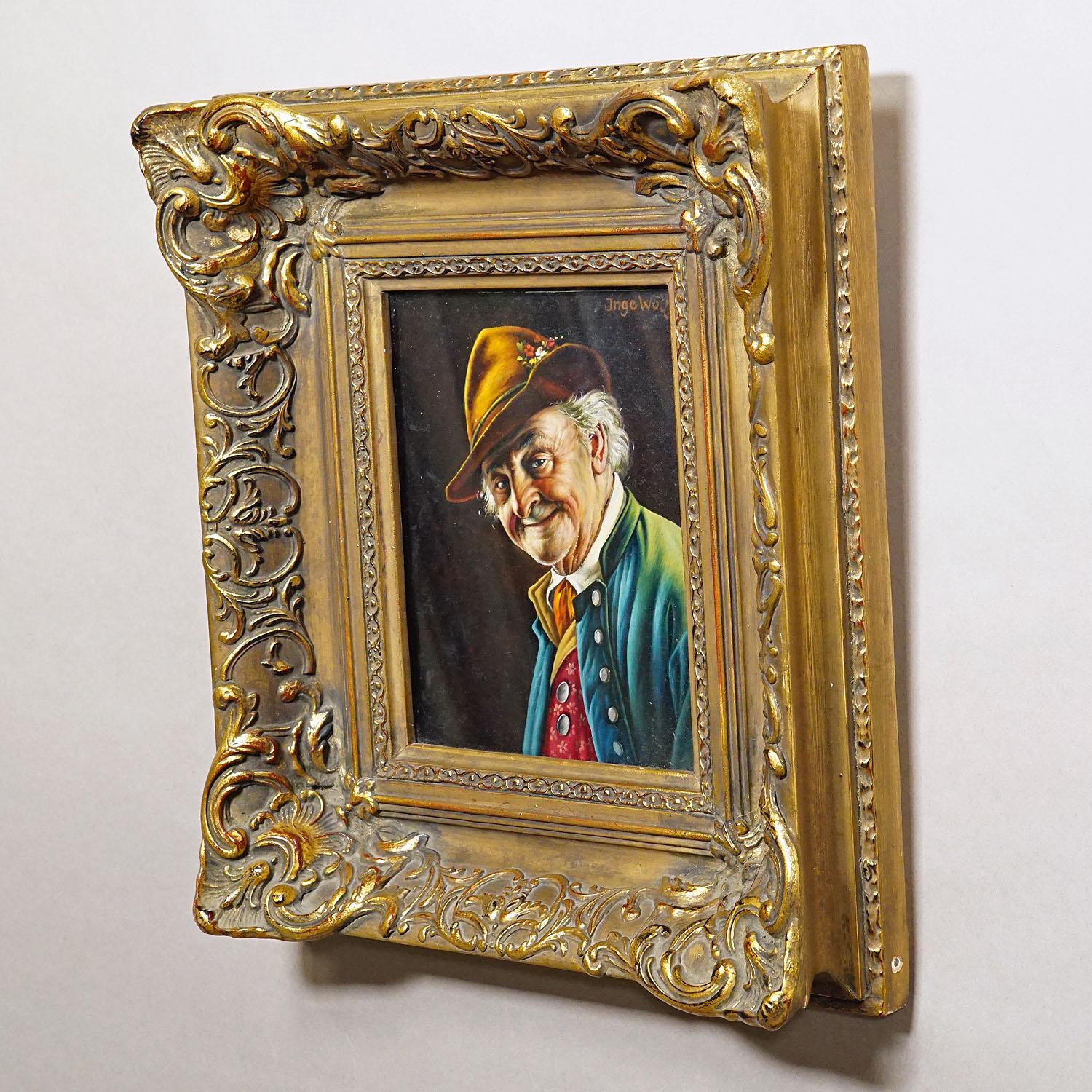 Folk Art Inge Woelfle - Portrait of a Bavarian Folksy Man, Oil on Wood For Sale