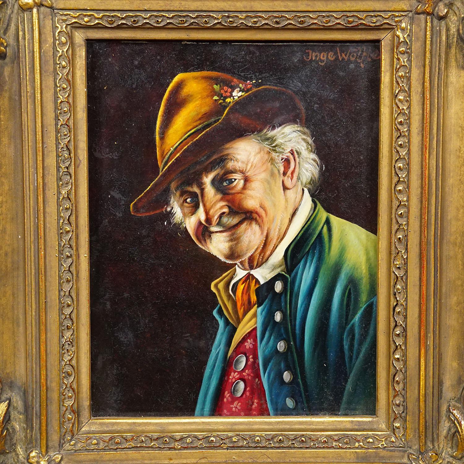 German Inge Woelfle - Portrait of a Bavarian Folksy Man, Oil on Wood For Sale