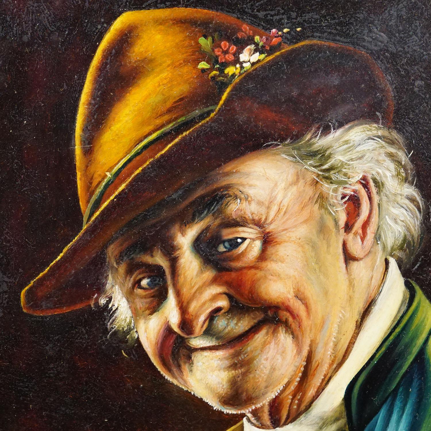 Painted Inge Woelfle - Portrait of a Bavarian Folksy Man, Oil on Wood For Sale