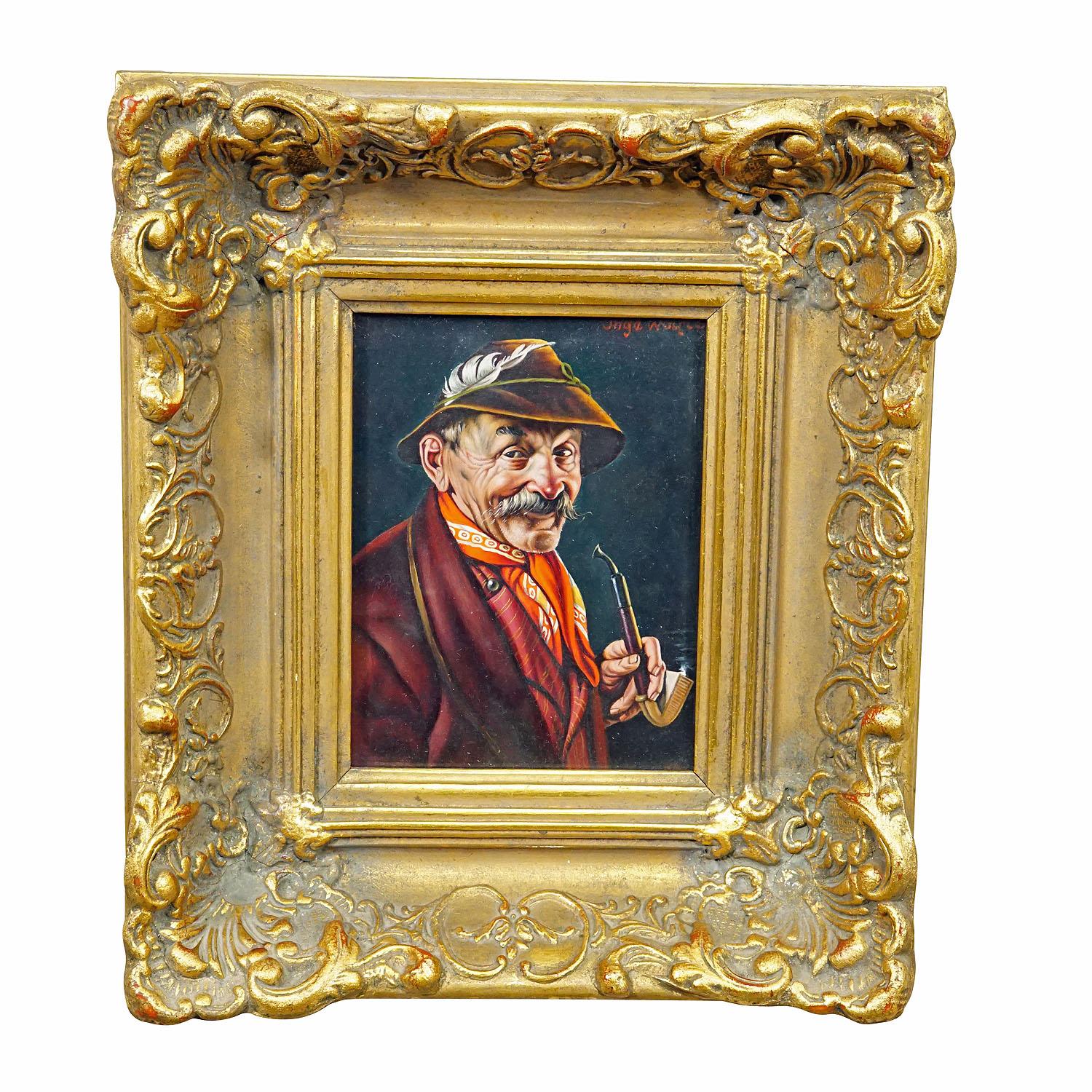 Inge Woelfle - Portrait of a Bavarian Folksy Man with Pipe, Oil on Wood

An colorful oil painting depicting a pipe smoking folksy Bavarian man in his sunday robe. Painted on wood with pastel colors around 1950s. Framed with wooden carved and gilded