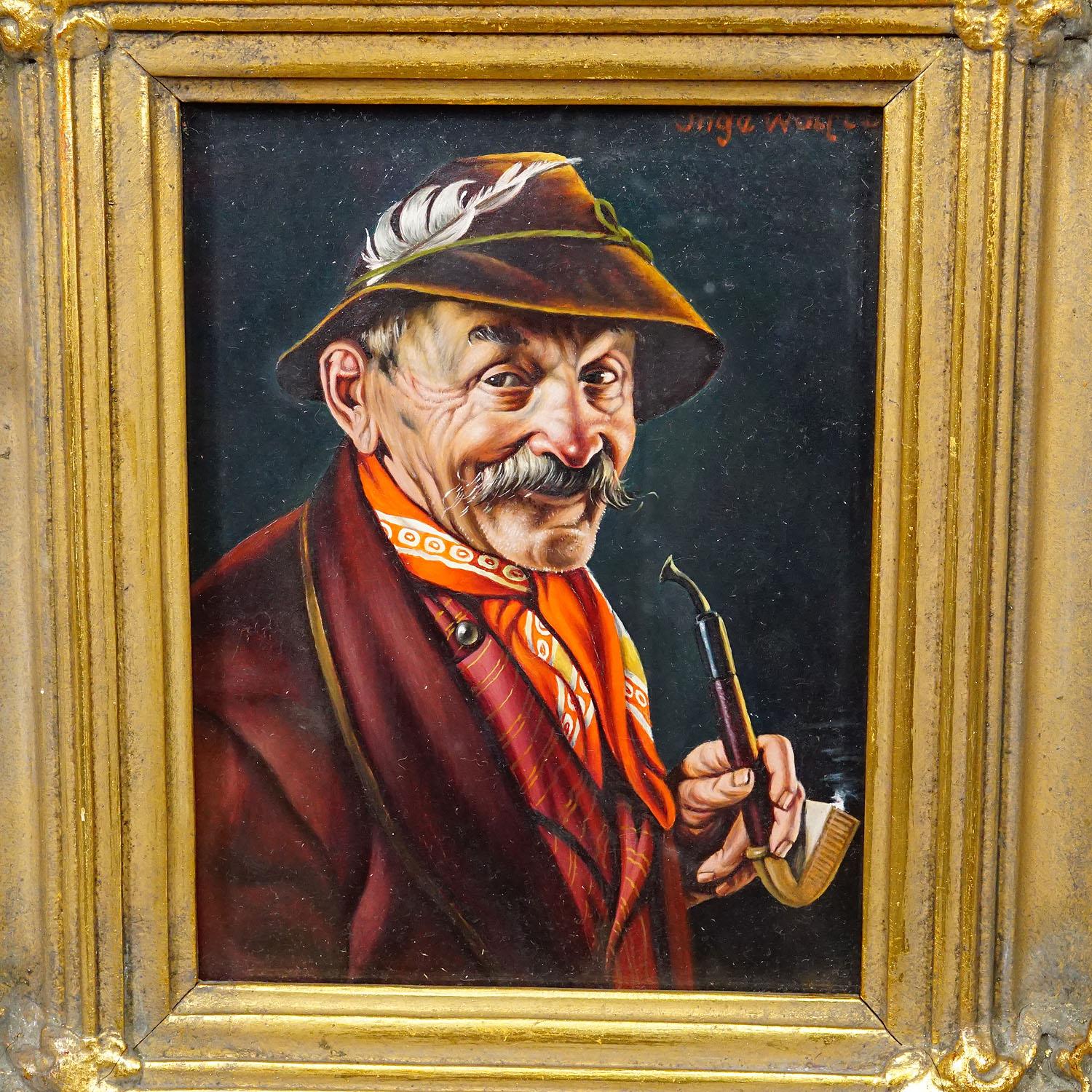 Folk Art Inge Woelfle - Portrait of a Bavarian Folksy Man with Pipe, Oil on Wood For Sale