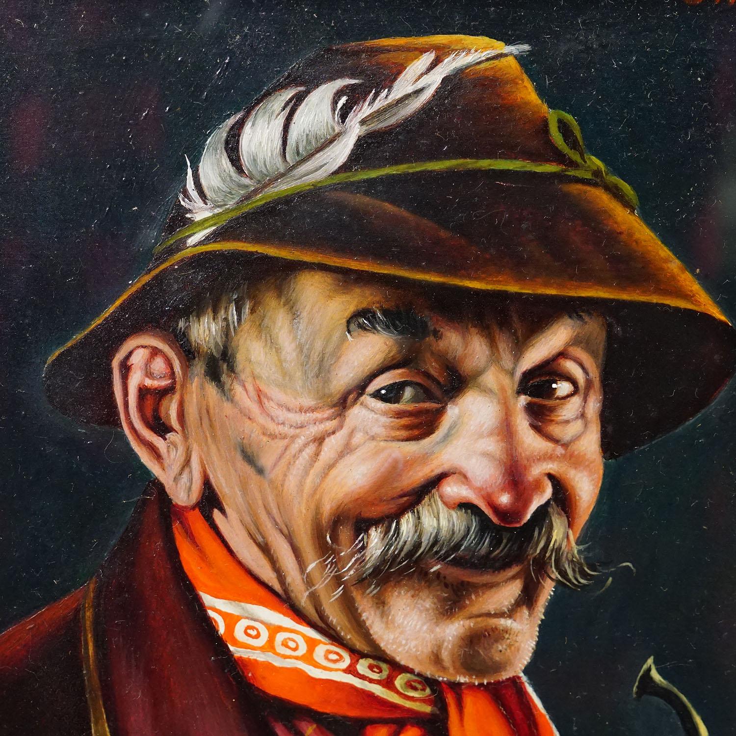 German Inge Woelfle - Portrait of a Bavarian Folksy Man with Pipe, Oil on Wood For Sale