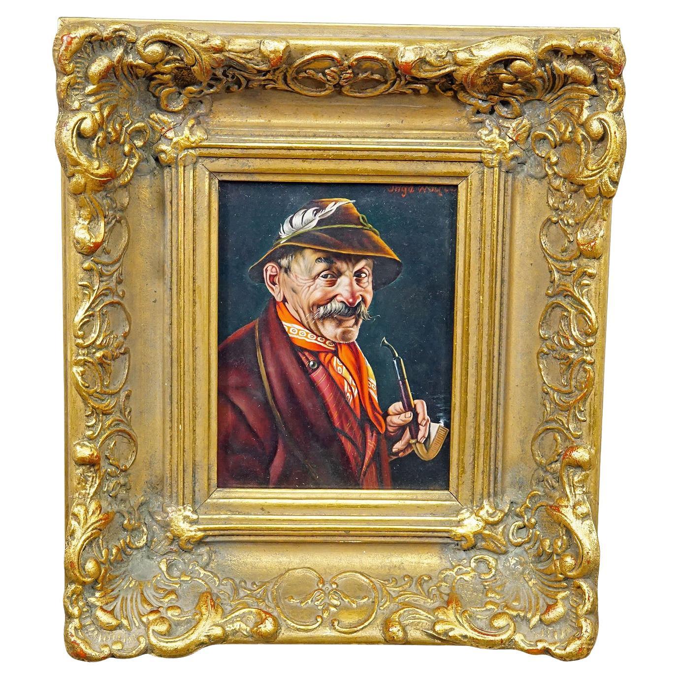 Inge Woelfle - Portrait of a Bavarian Folksy Man with Pipe, Oil on Wood For Sale