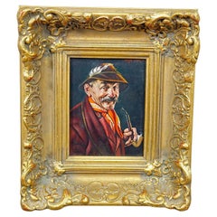 Vintage Inge Woelfle - Portrait of a Bavarian Folksy Man with Pipe, Oil on Wood