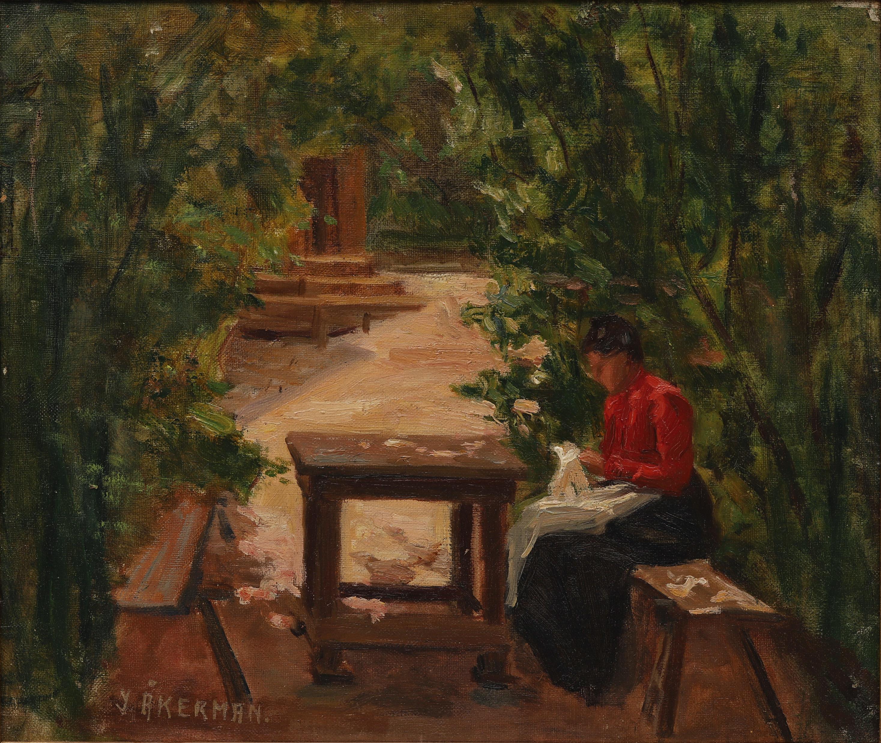 A beautifully painted motif by the female artist Ingeborg Åkerman (1881-1960) of a woman sitting in her garden shaded from the sun by the arbor where she is sewing. It is probably painted in the early 1900´s when she had just finished her studies at