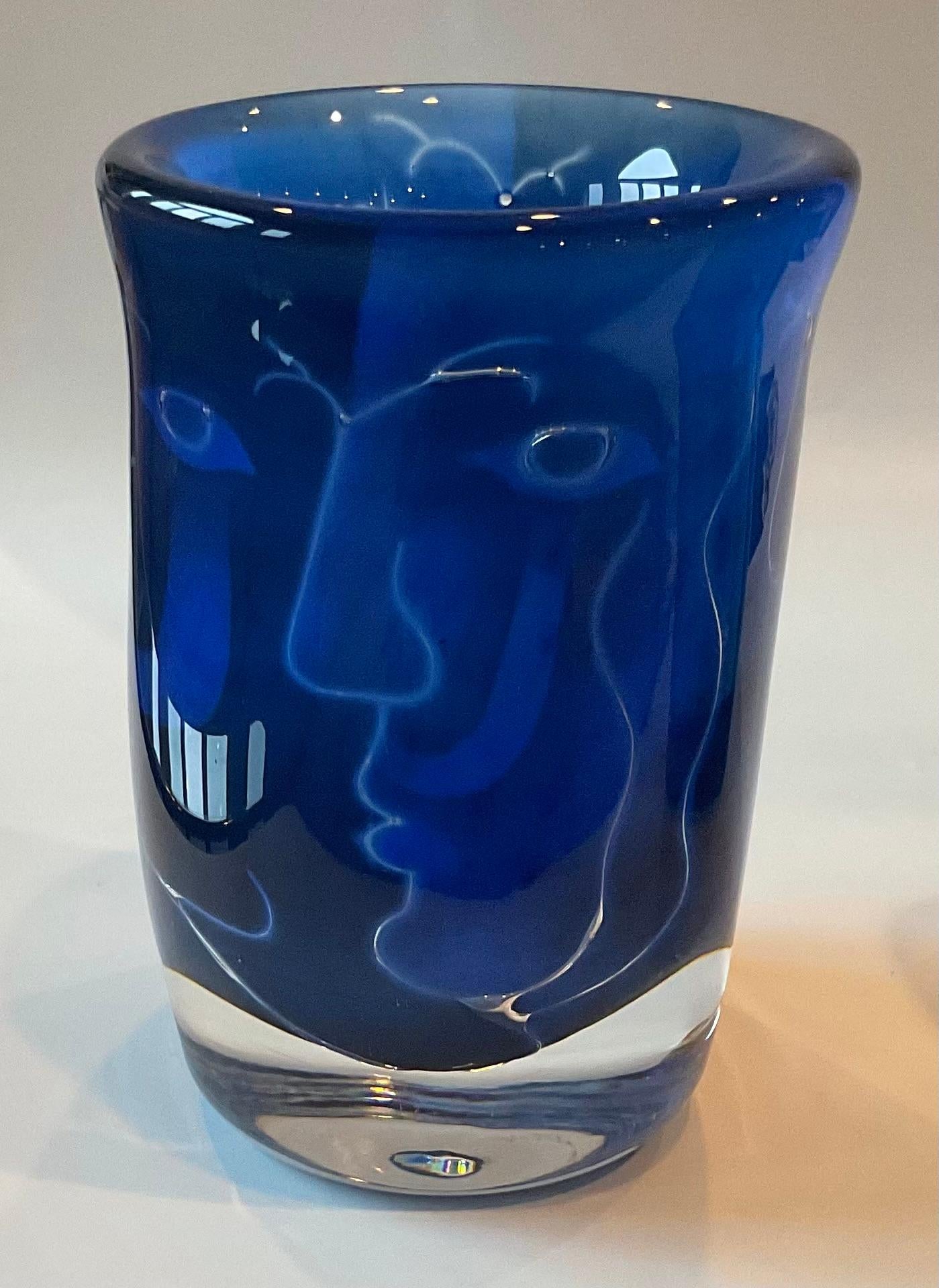 Swedish Ingeborg Lundin Ansikten Abstract FACES vase in vibrant blue signed dated 1973 For Sale