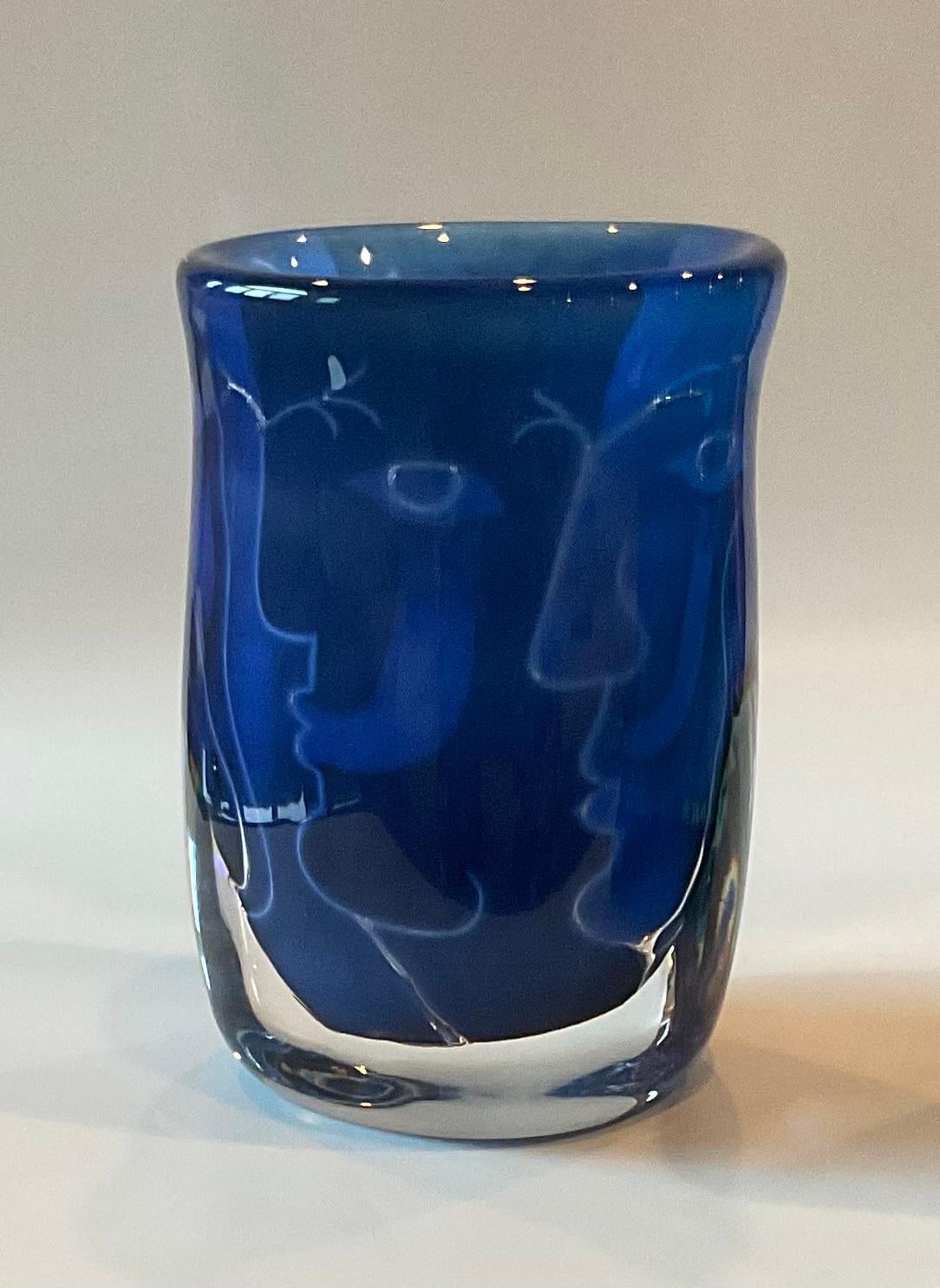 Late 20th Century Ingeborg Lundin Ansikten Abstract FACES vase in vibrant blue signed dated 1973 For Sale