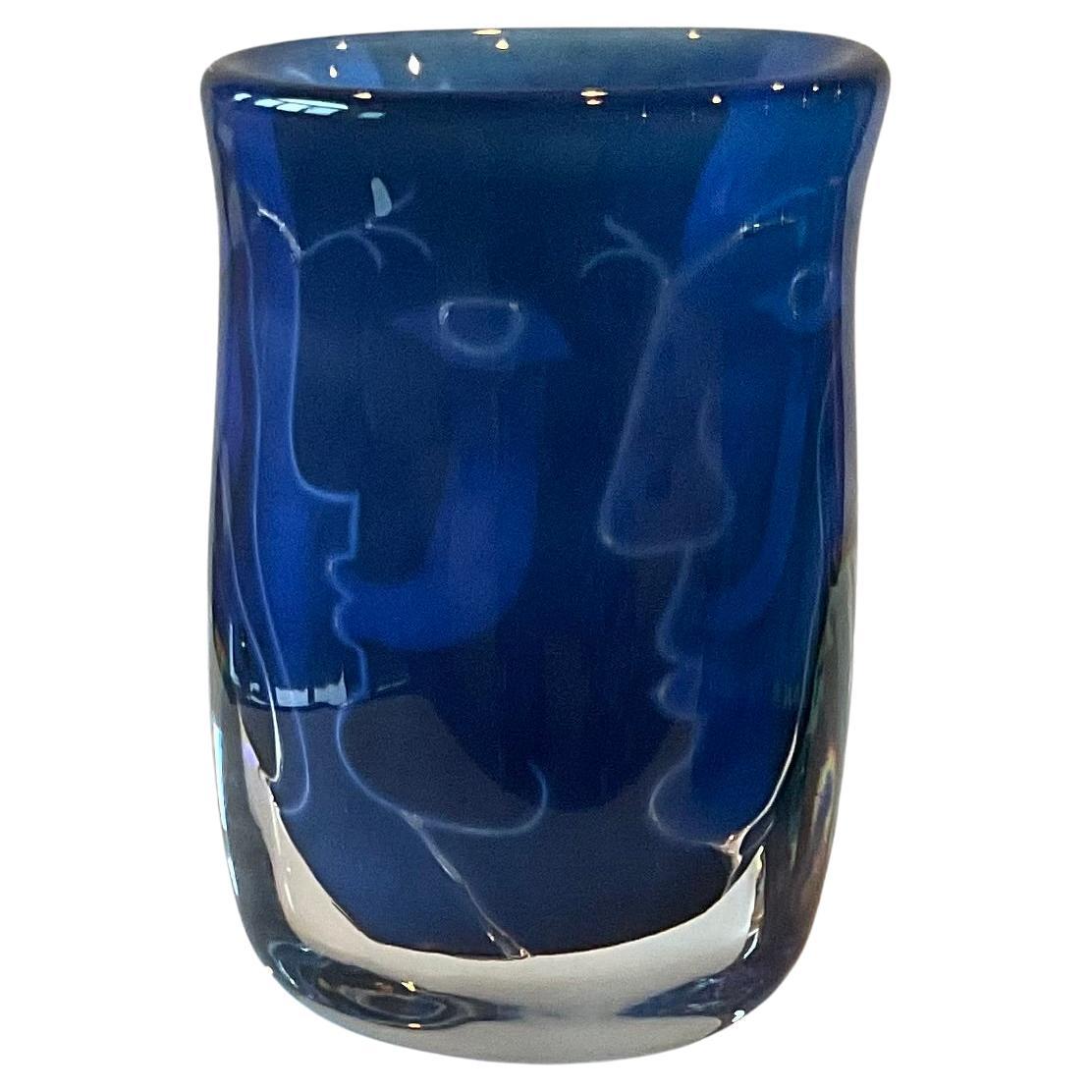 Ingeborg Lundin Ansikten Abstract FACES vase in vibrant blue signed dated 1973 For Sale