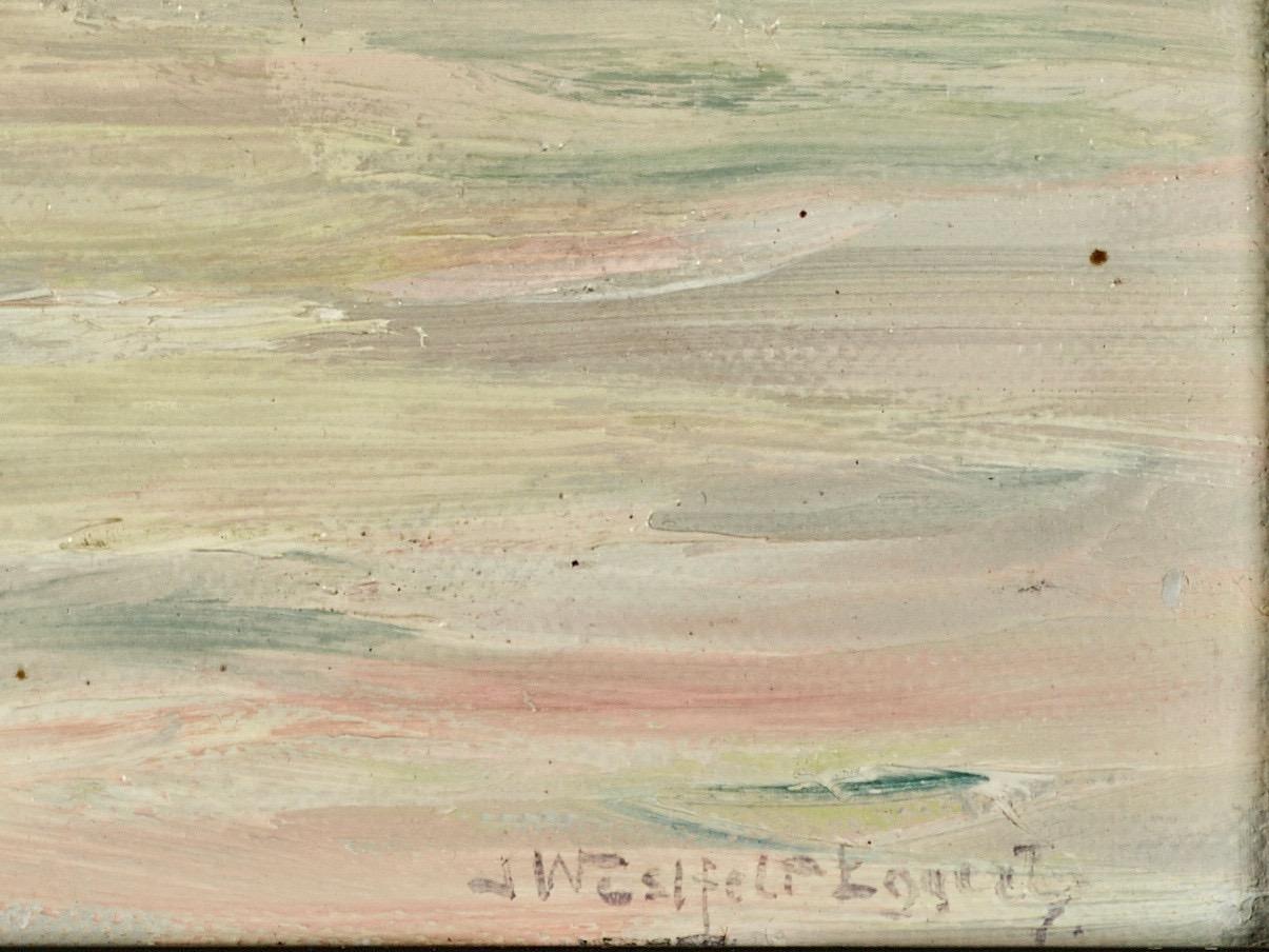 Dieses schöne Gemälde der Künstlerin Ingeborg Westfelt-Eggertz (1855-1936) zeigt den Sonnenuntergang vor Smögen an der schwedischen Westküste mit Blick auf die sehr schöne Insel und das Naturschutzgebiet Hållö und ihren Leuchtturm. Die Sonne geht