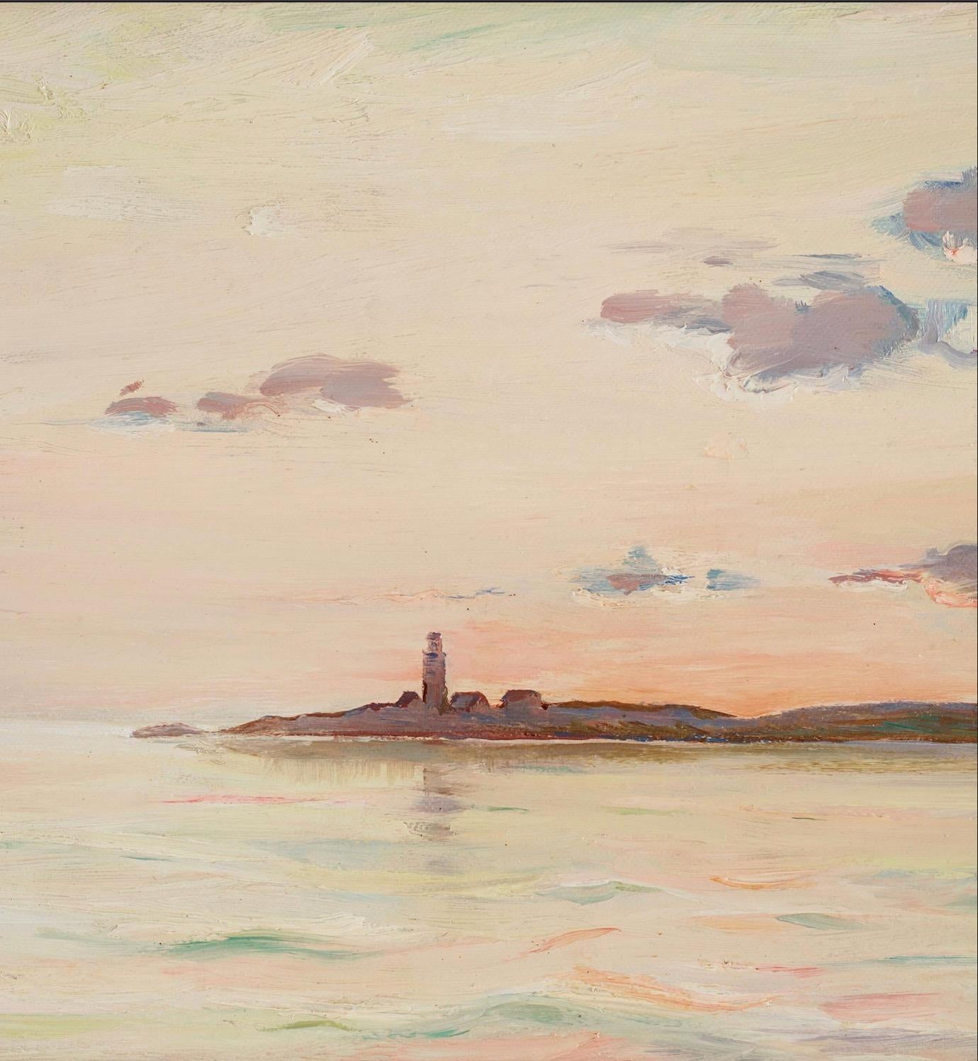 Faro di Hållö, Smögen al tramonto. - Landscape Painting Beige di Ingeborg Westfelt-Eggertz 