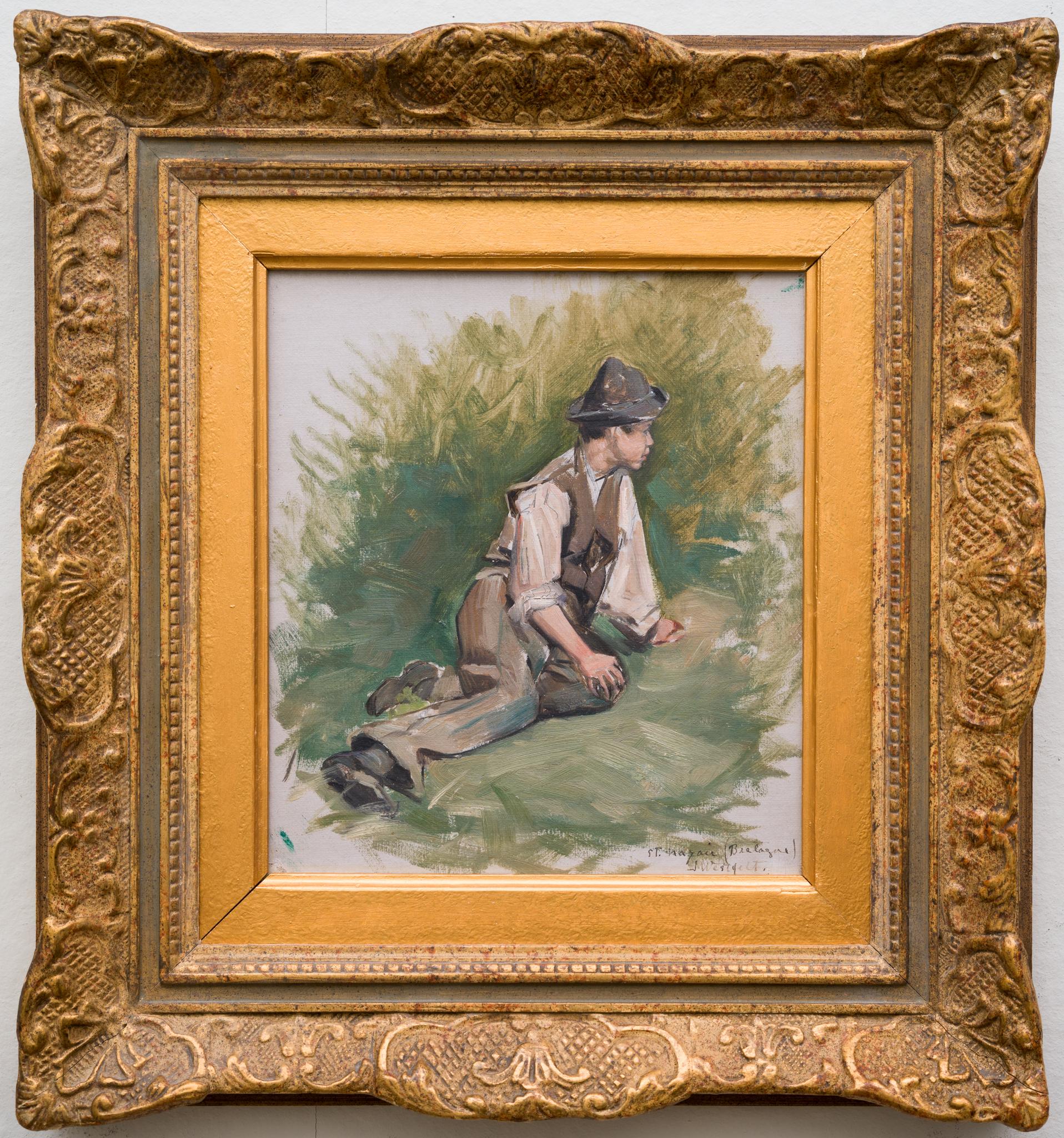 Lost in Thoughts, Ölskizze, gemalt in der Bretagne (Bretagne), vor 1890 – Painting von Ingeborg Westfelt-Eggertz 