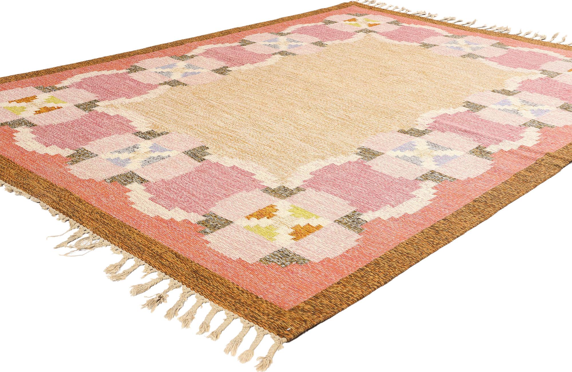 78257 Ingegerd Silow Vintage Swedish Kilim Rollakan Rug, 05'06 x 07'07. Ingegerd Silow (1916-2005) emerges as a highly influential figure in midcentury Swedish carpet design, particularly renowned for her prolific output in the flat weave rollakan