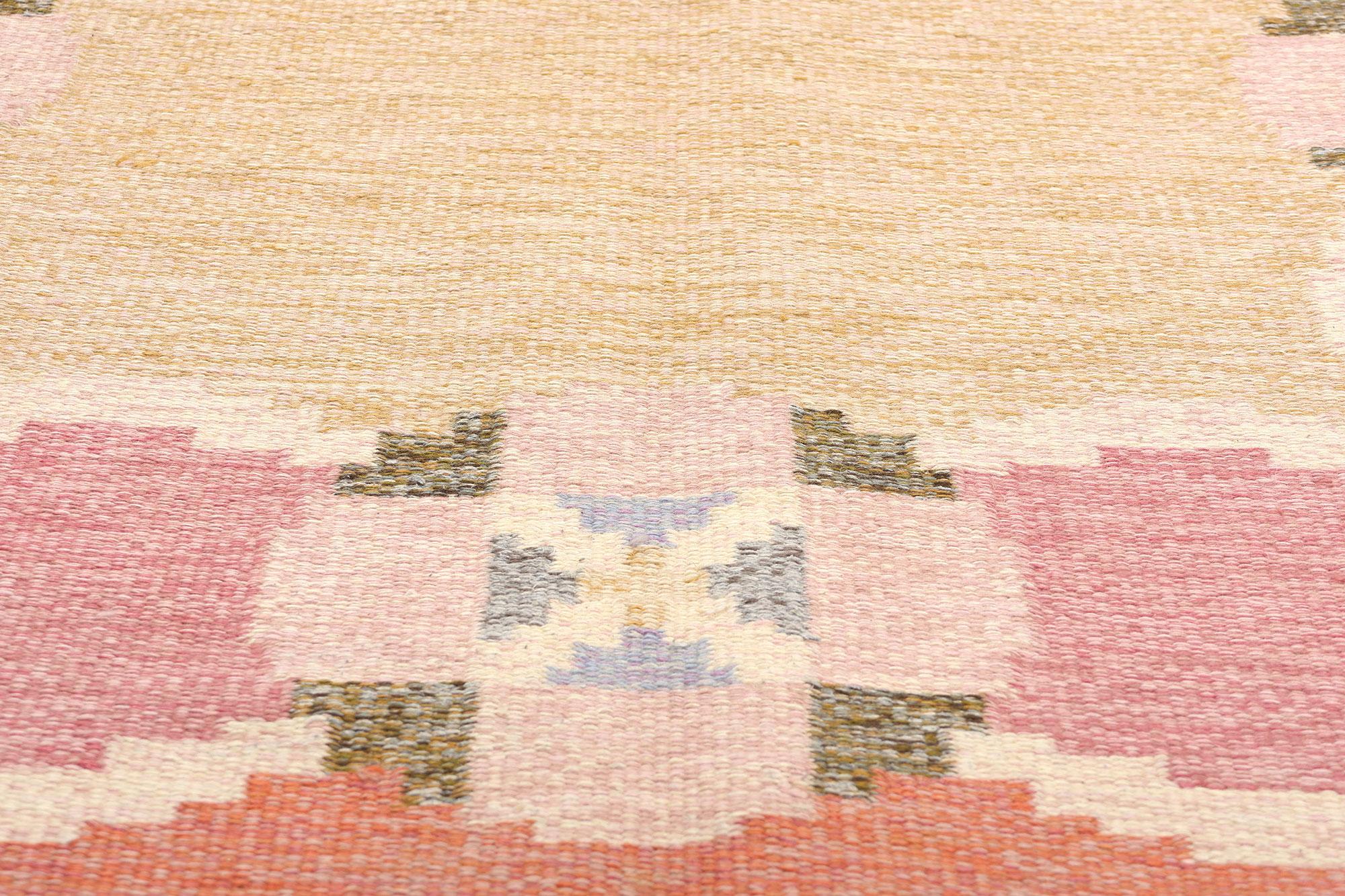 Signed Ingegerd Silow Vintage Pink Swedish Rollakan Rug In Good Condition For Sale In Dallas, TX