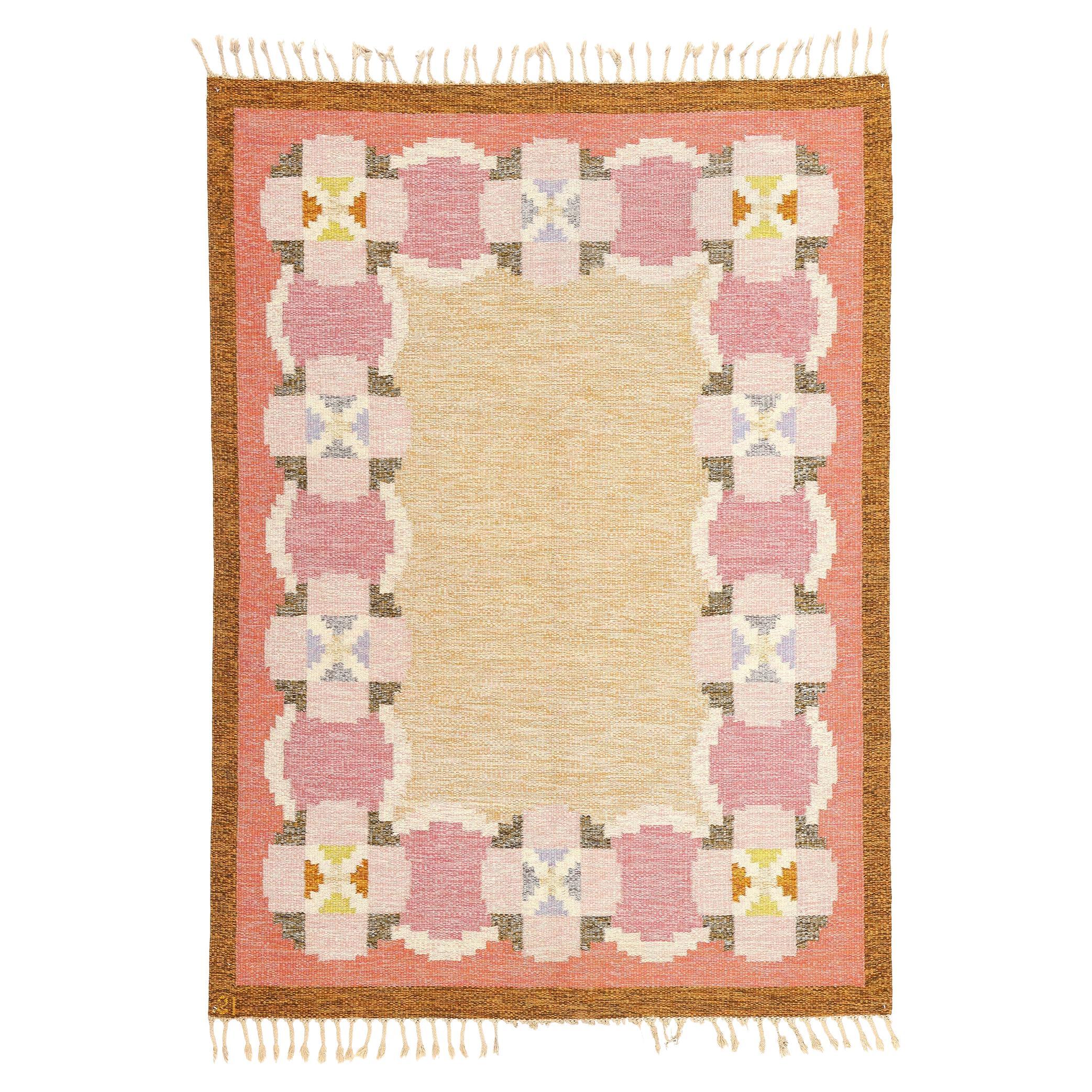 Signed Ingegerd Silow Vintage Pink Swedish Rollakan Rug