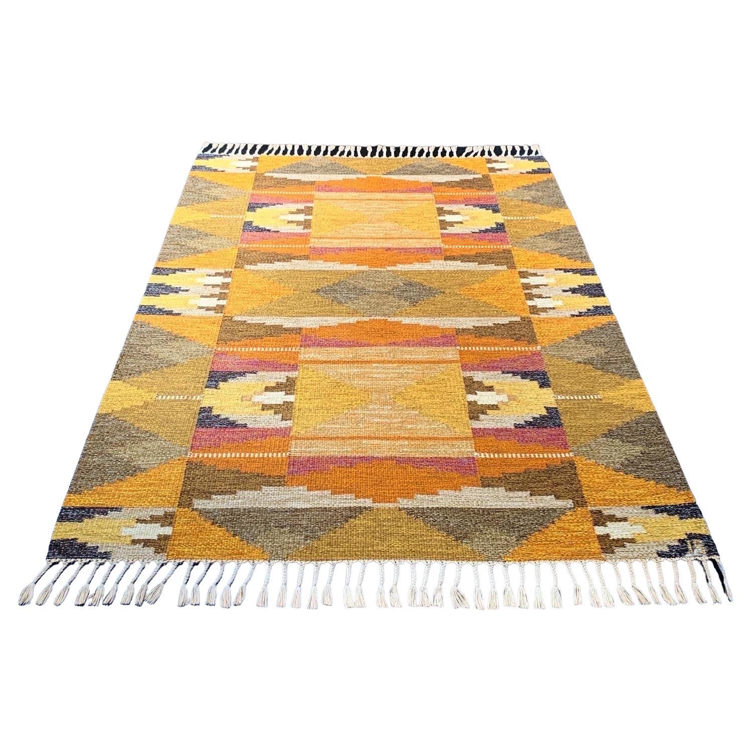 Ingegerd Silow, Swedish Navajo Pattern Wool Rug, Handcrafted, 1950s For Sale