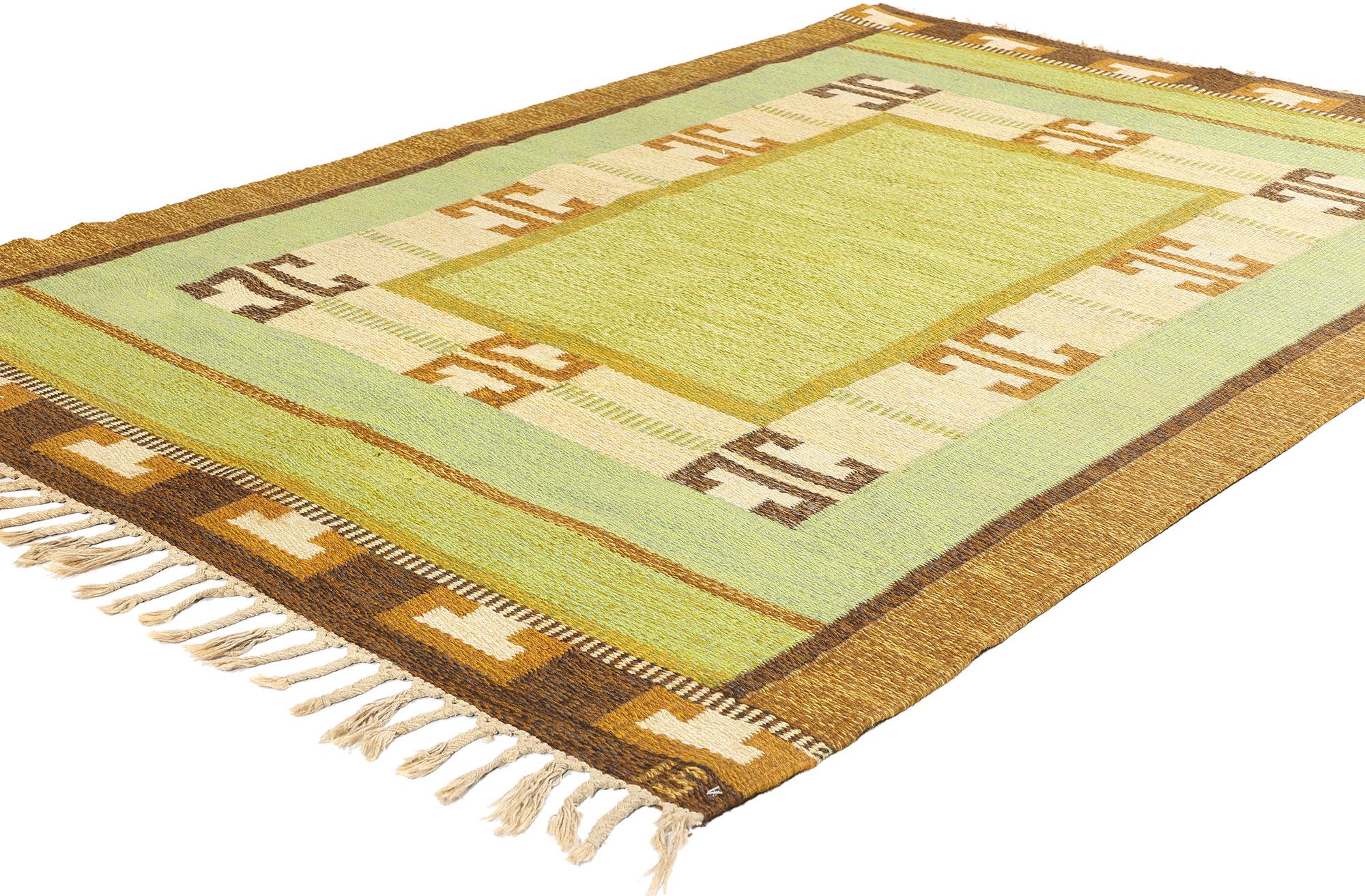 78252 Ingegerd Silow Vintage Swedish Rollakan Rug, 04'06 x 06'08. Ingegerd Silow (1916-2005) emerges as a pivotal figure in midcentury Swedish carpet design, earning renown for her prolific contributions to the flat weave rollakan style. Influenced