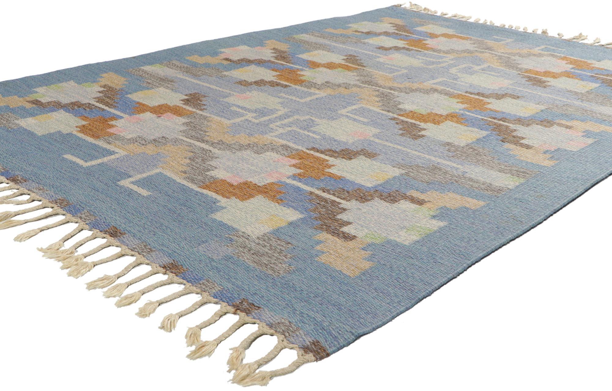 78497 Vintage Swedish Rollakan Rug by Ingegerd Silow, 04'06 x 06'07. Emanating Scandinavian Modern style with incredible detail and texture, this handwoven Swedish rollakan rug is a captivating vision of woven beauty. The eye-catching geometric