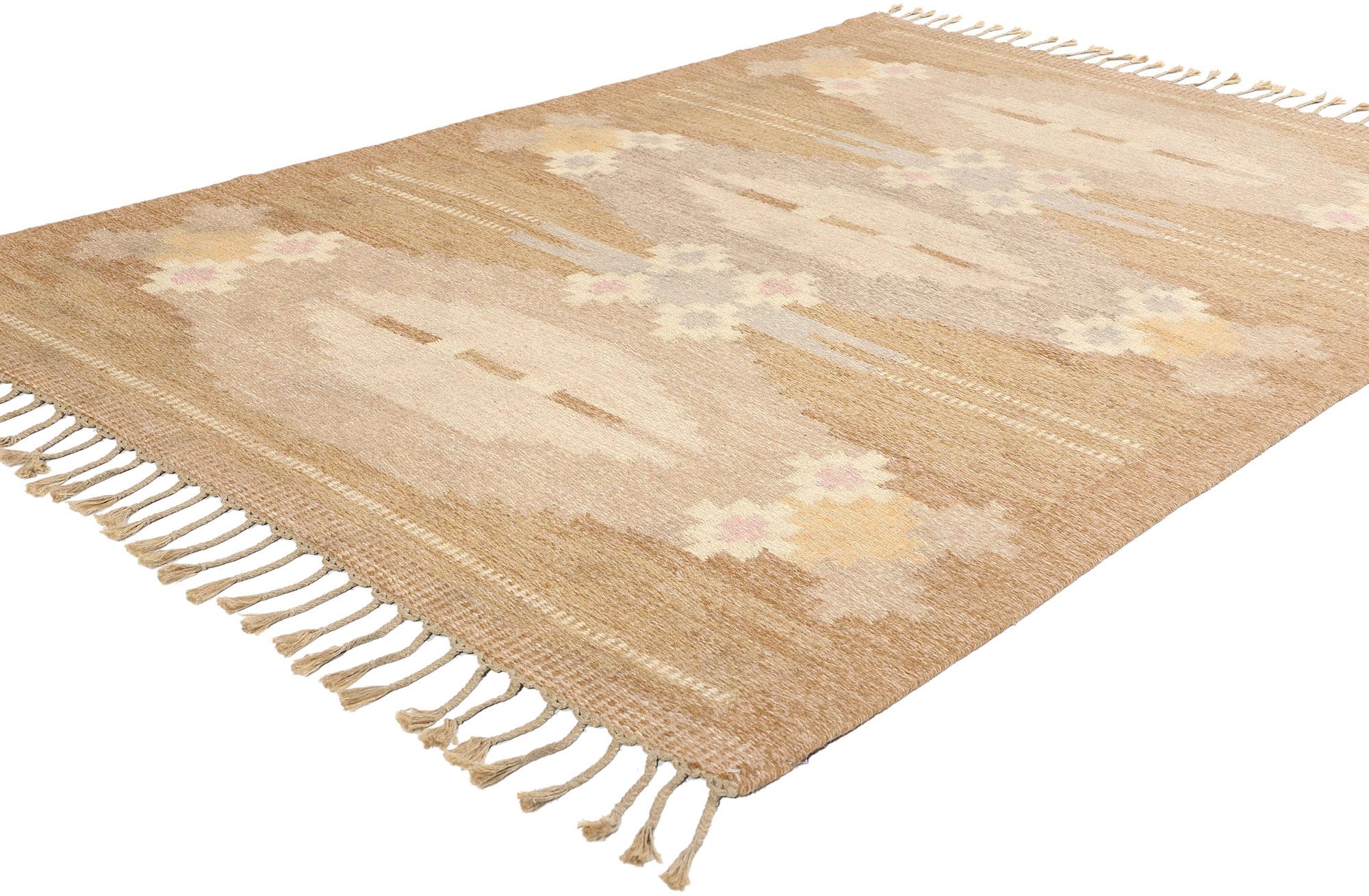 78256 Vintage Swedish Rug Rollakan by Ingegerd Silow, 04'06 x 06'07. With its Scandinavian Modern style, incredible detail and texture, this handwoven wool vintage Swedish rollakan rug is a captivating vision of woven beauty. The geometric design