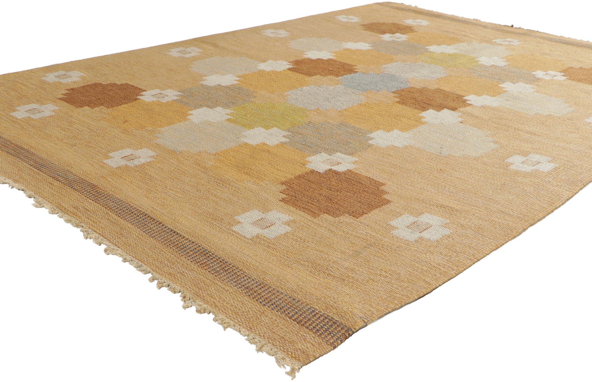 78504 Ingegerd Silow Vintage Swedish Rollakan Rug, 04'06 x 06'08.
Highlighting Scandinavian Modern style with incredible detail and texture, this handwoven Swedish rollakan rug is a captivating vision of woven beauty. The eye-catching graphic
