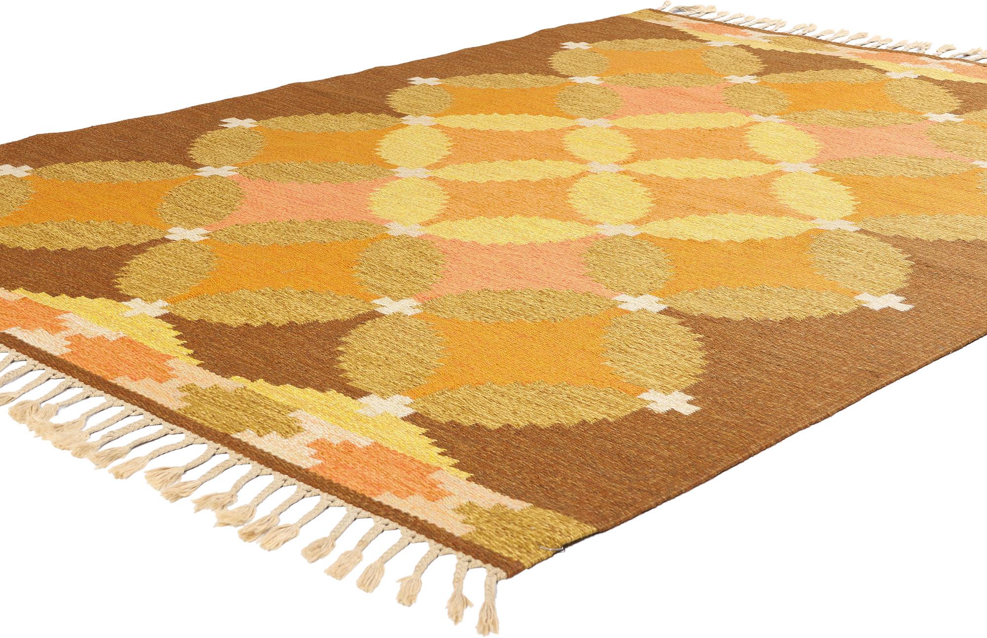 79043 Ingegerd Silow Vintage Swedish Rollakan Rug, 05'05 x 07'07. This stunning handwoven wool rollakan rug, designed by the renowned Swedish textile artist Ingegerd Silow, showcases her mastery of geometric design and Scandinavian tradition.