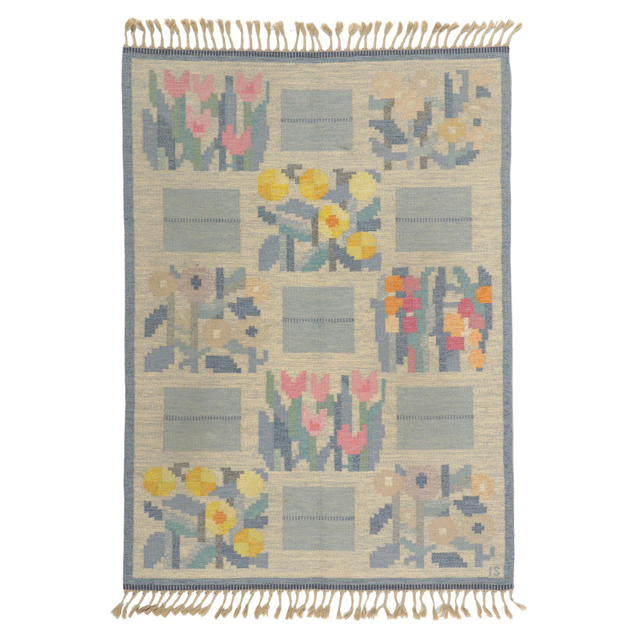 Ingegerd Silow Vintage Svedese Scandinavo Röllakan Rutmönster Blomsterträdgård in vendita