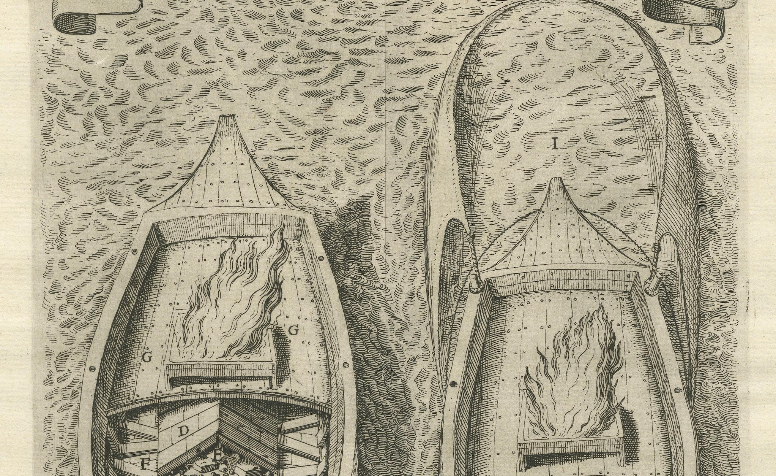 This original engraving is referring depicting a detailed illustration of a fire ship, a type of naval vessel used as a weapon during the Eighty Years' War. 

Fire ships were essentially floating bombs, filled with combustibles and explosives, and