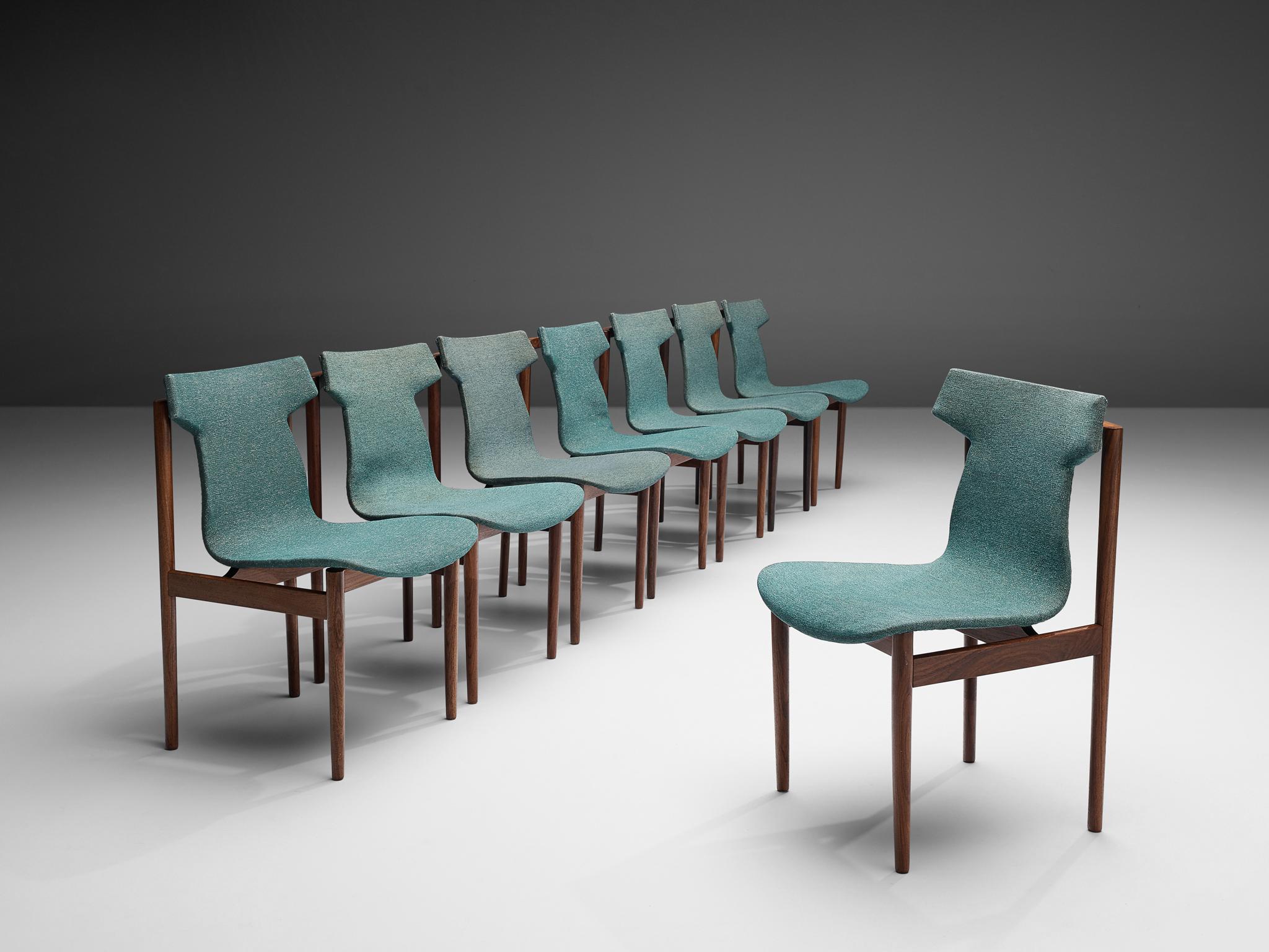 Inge Klingenberg, set of eight dining chairs, rosewood, green fabric upholstery, the Netherlands, 1950s

Set of eight Dutch Mid-Century Modern dining chairs in rosewood by Designer Inger Klingenberg. Notable about these chairs is the distinct