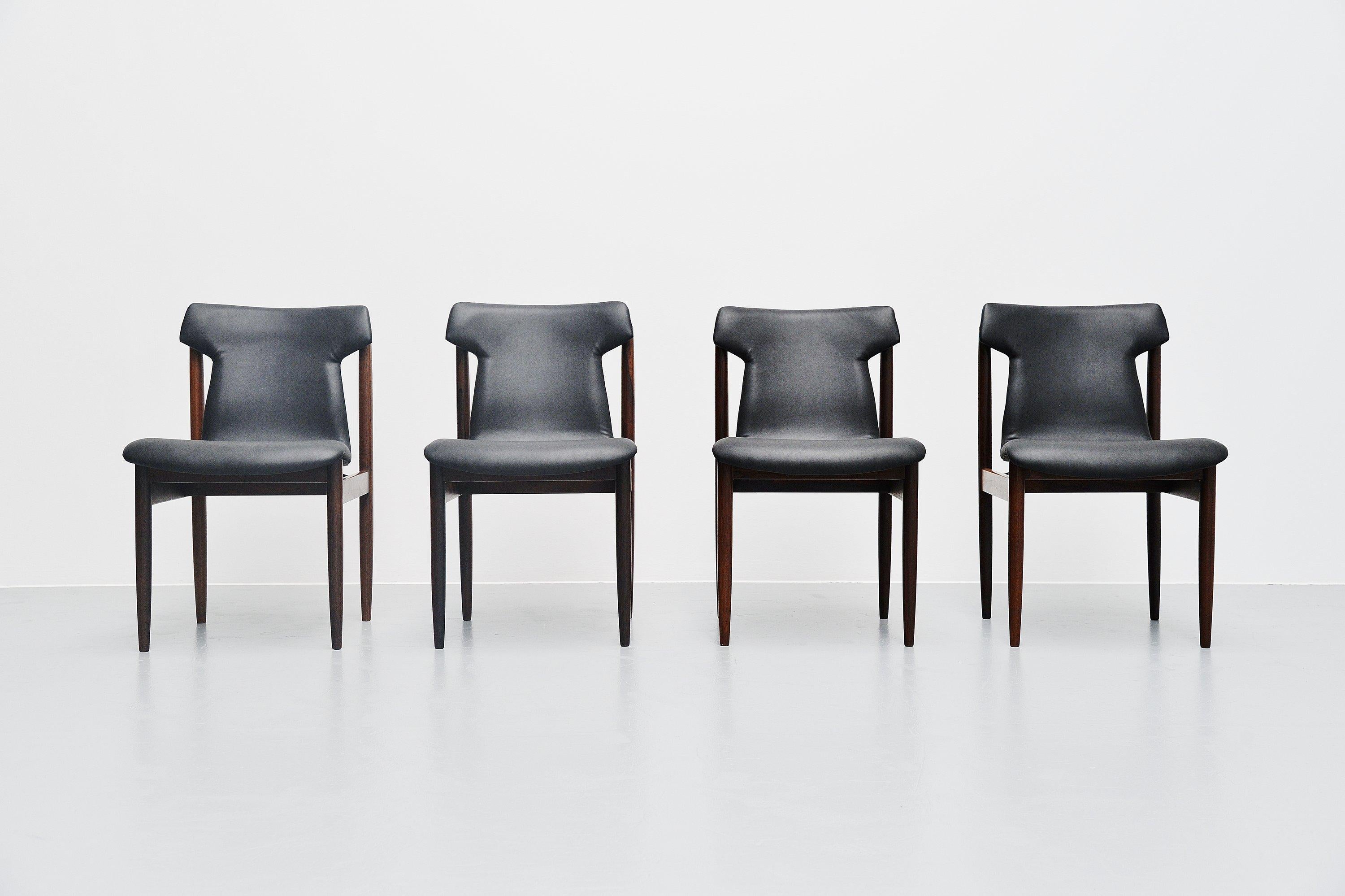 Set of dining chairs designed by Danish designer Inger Klingenberg and manufactured by Fristho Franeker, Holland 1960. Fristho attracted Inger Klingenberg as designer in 1958. The most famous design from Inger Klingenberg is the IK-chair. The chair