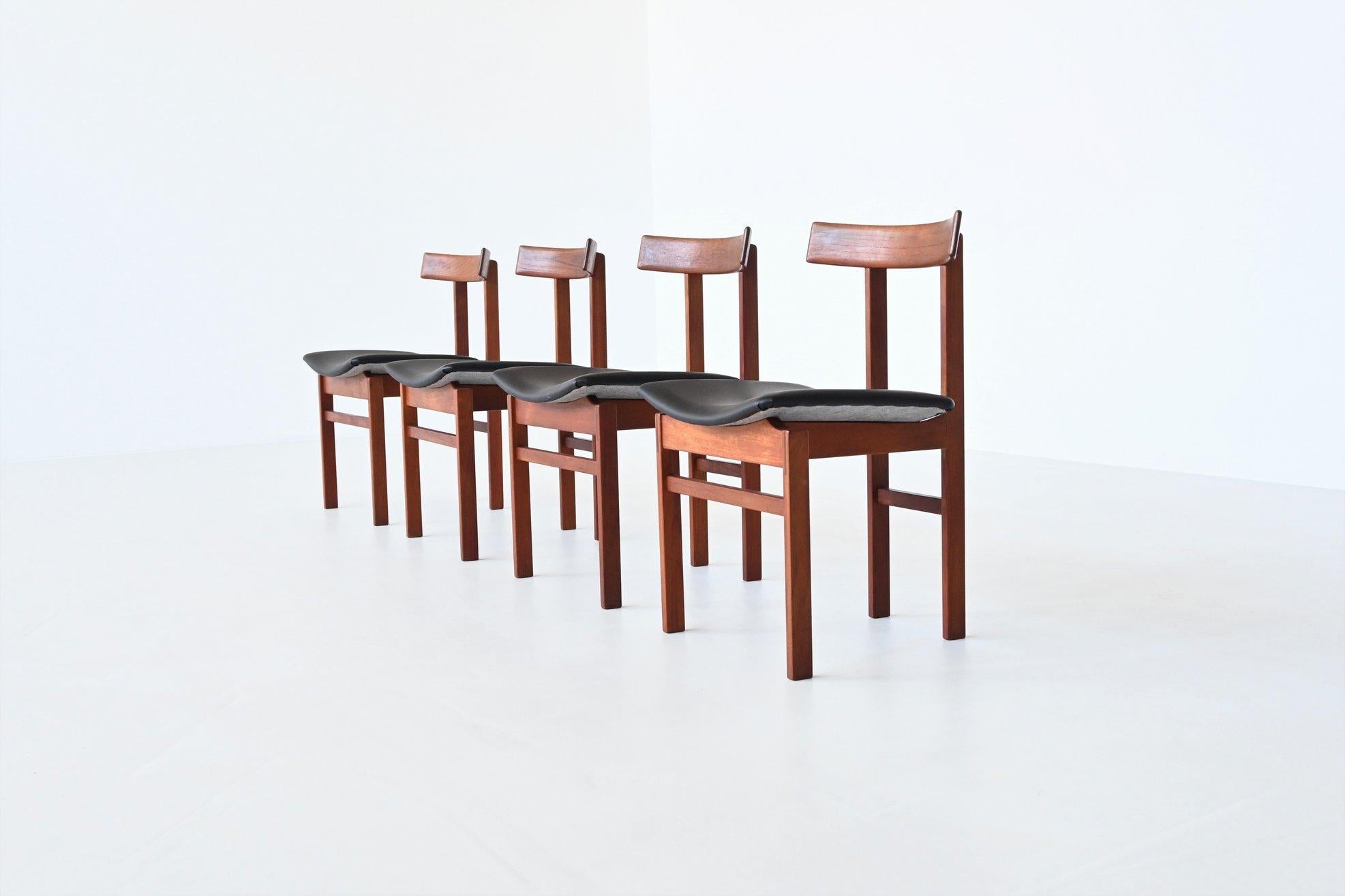Fantastic set of four dining chairs model 193 designed by Inger Klingenberg and manufactured by France & Søn, Denmark 1960. The chairs feature a striking sculptural design and solid teak construction. The standout characteristic of these chairs are