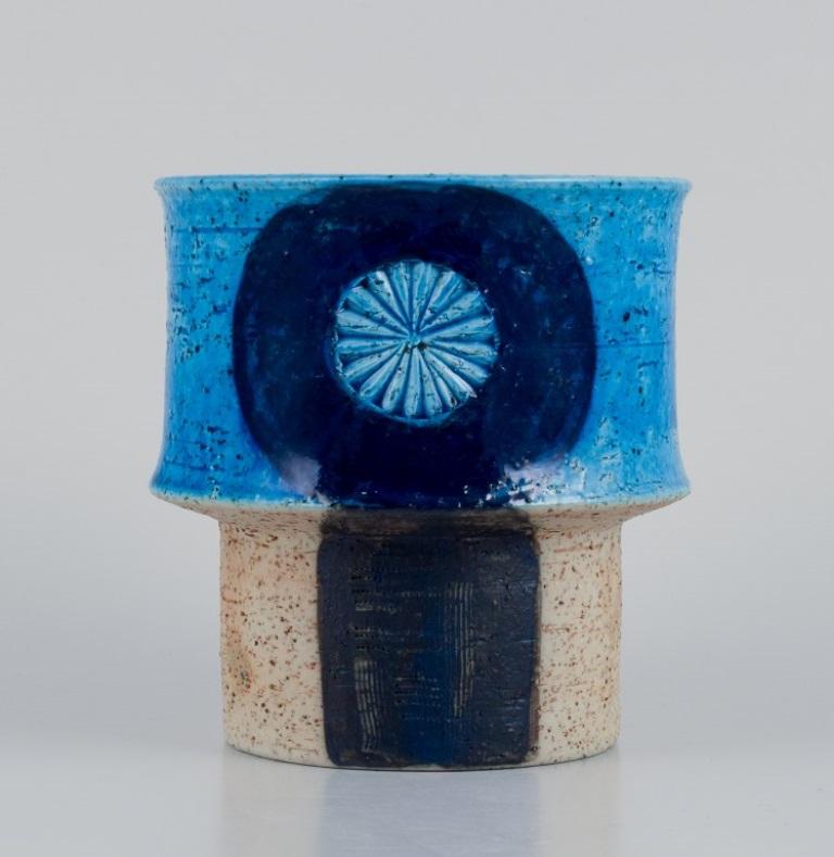 Inger Persson for Rörstrand Atelje, Sweden. 
Ceramic vase with blue-toned glaze.
Circa 1970.
Marked.
In perfect condition.
Dimensions: Height 11.5 cm x Diameter 10.7 cm.