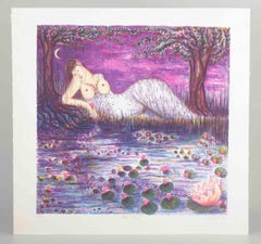 Inger Winther. Color lithograph. “Nattens Blomst”. Reclining female figure.