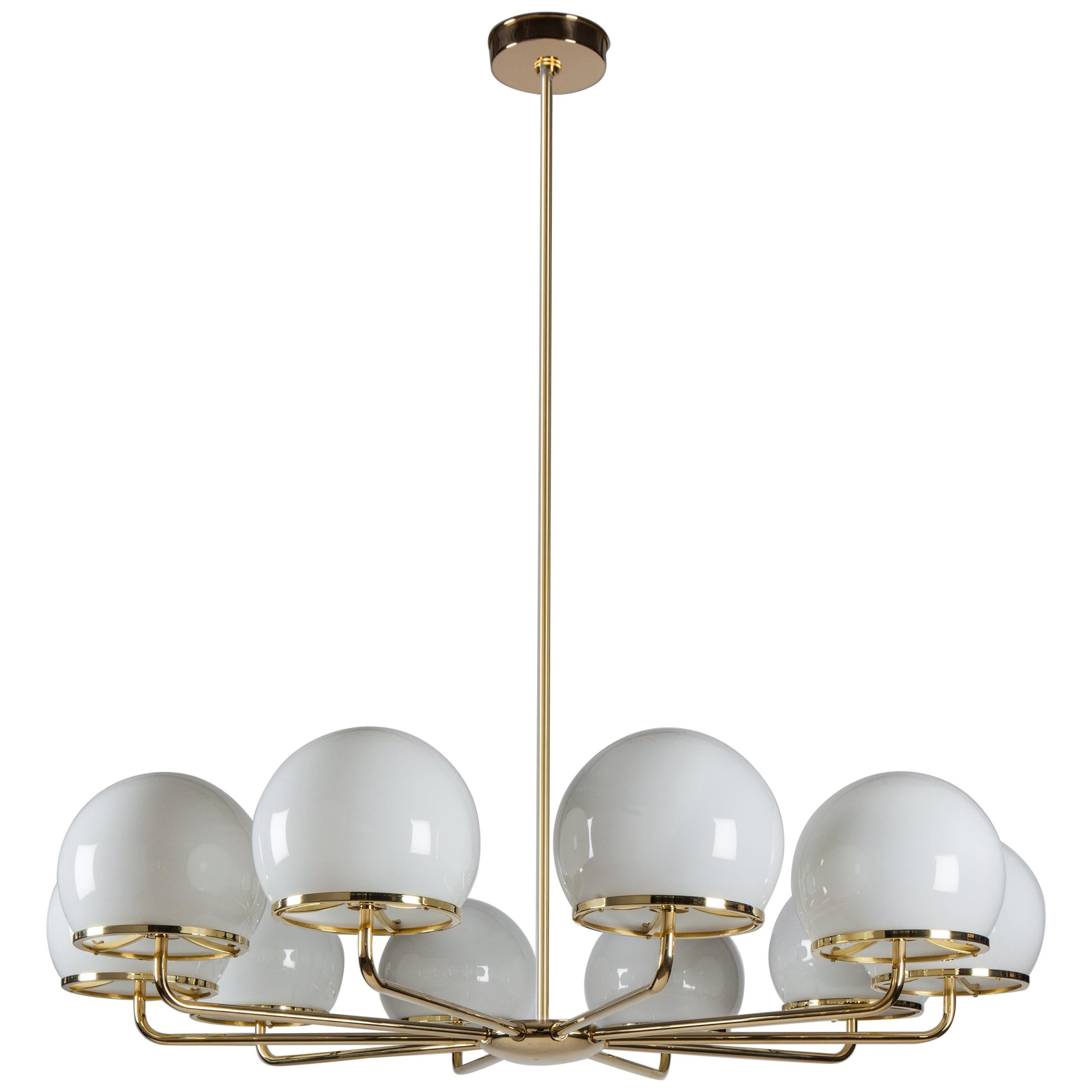 Ingersoll Round Ten-Arm Chandelier with Milk Glass Shades on a Solid Brass Frame