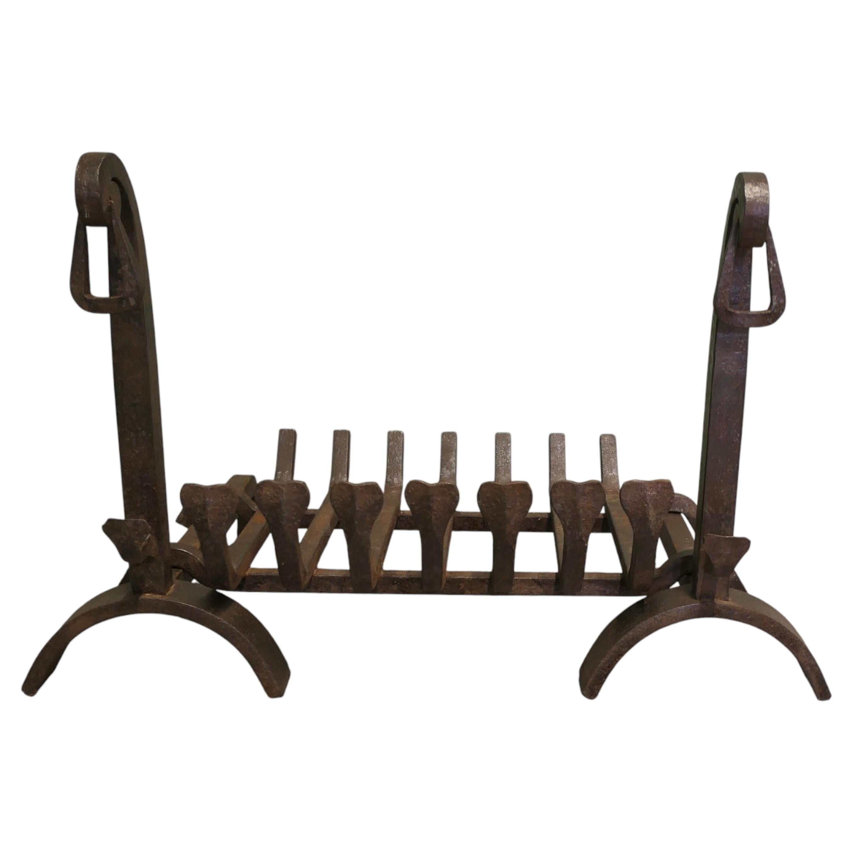 Inglenook Fireplace Grate on Andirons This attractive Iron Log Grate For Sale