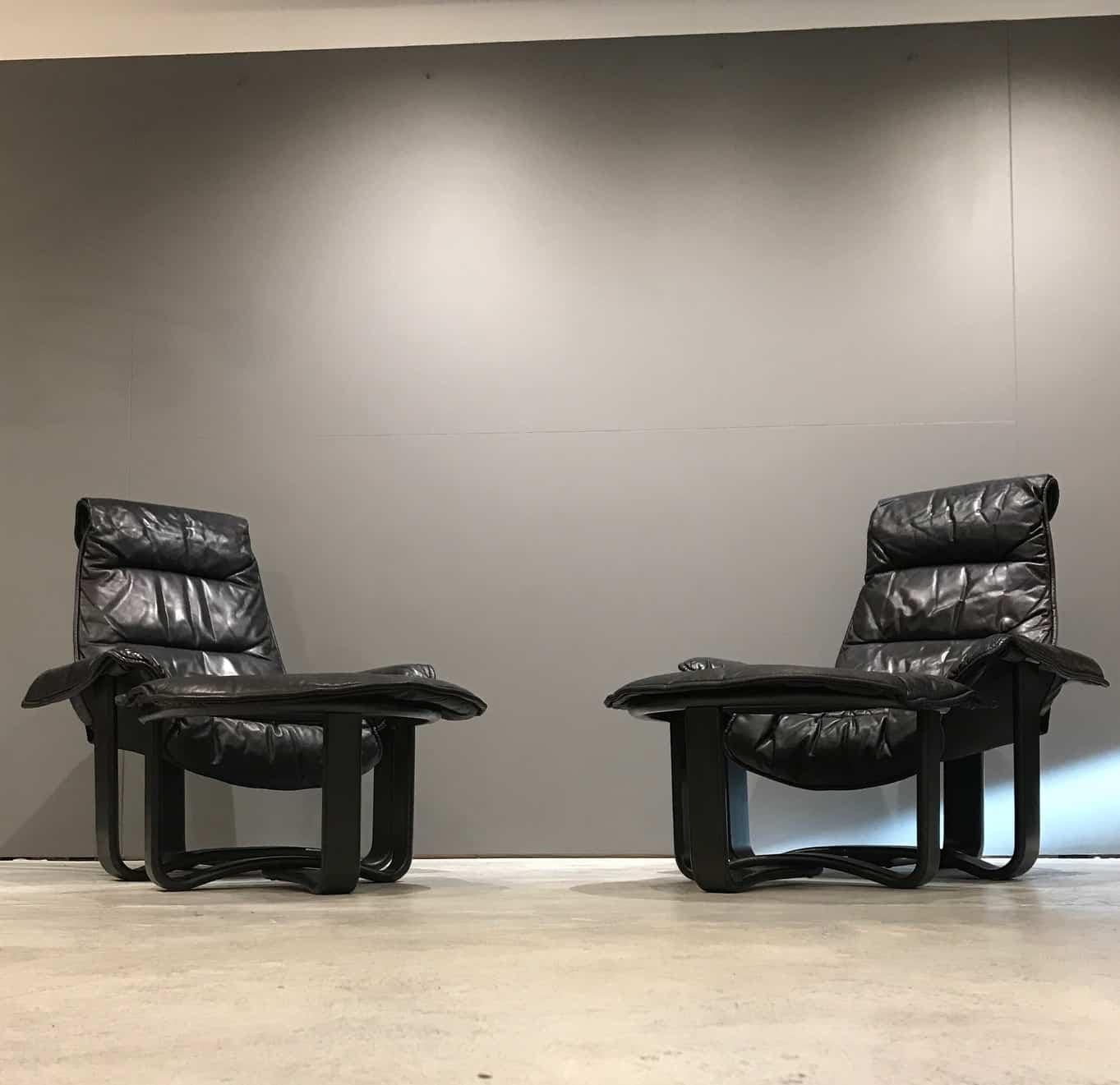 Late 20th Century Ingmar Relling Black Leather, Midcentury Danish Lounge Chairs and Ottoman