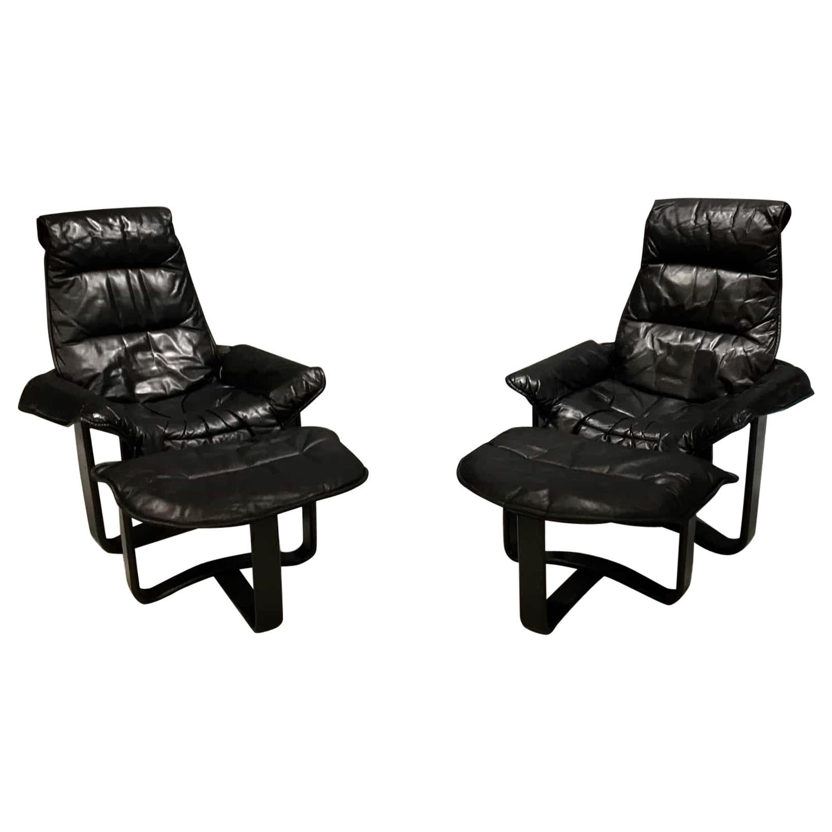 Ingmar Relling Black Leather, Midcentury Danish Lounge Chairs and Ottoman